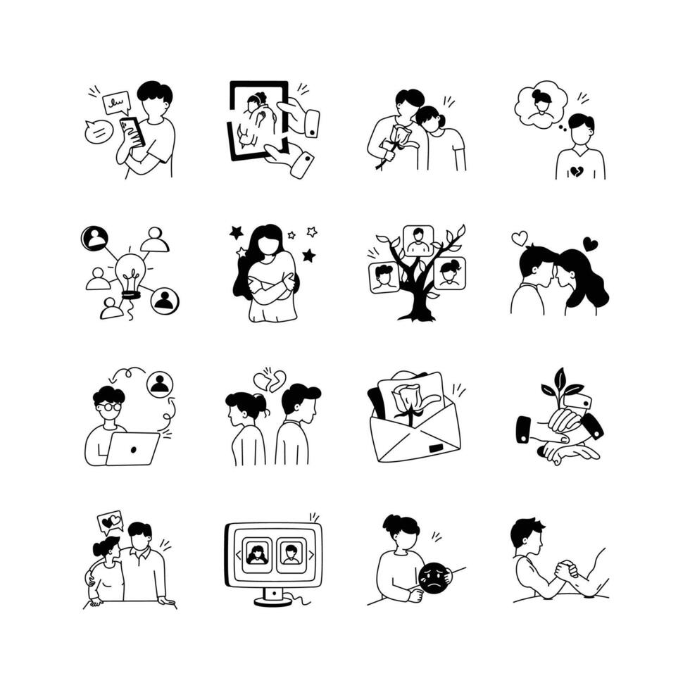 This set of illustrations showcases different relationship dynamics, from connection and affection to conflict and resolution. vector