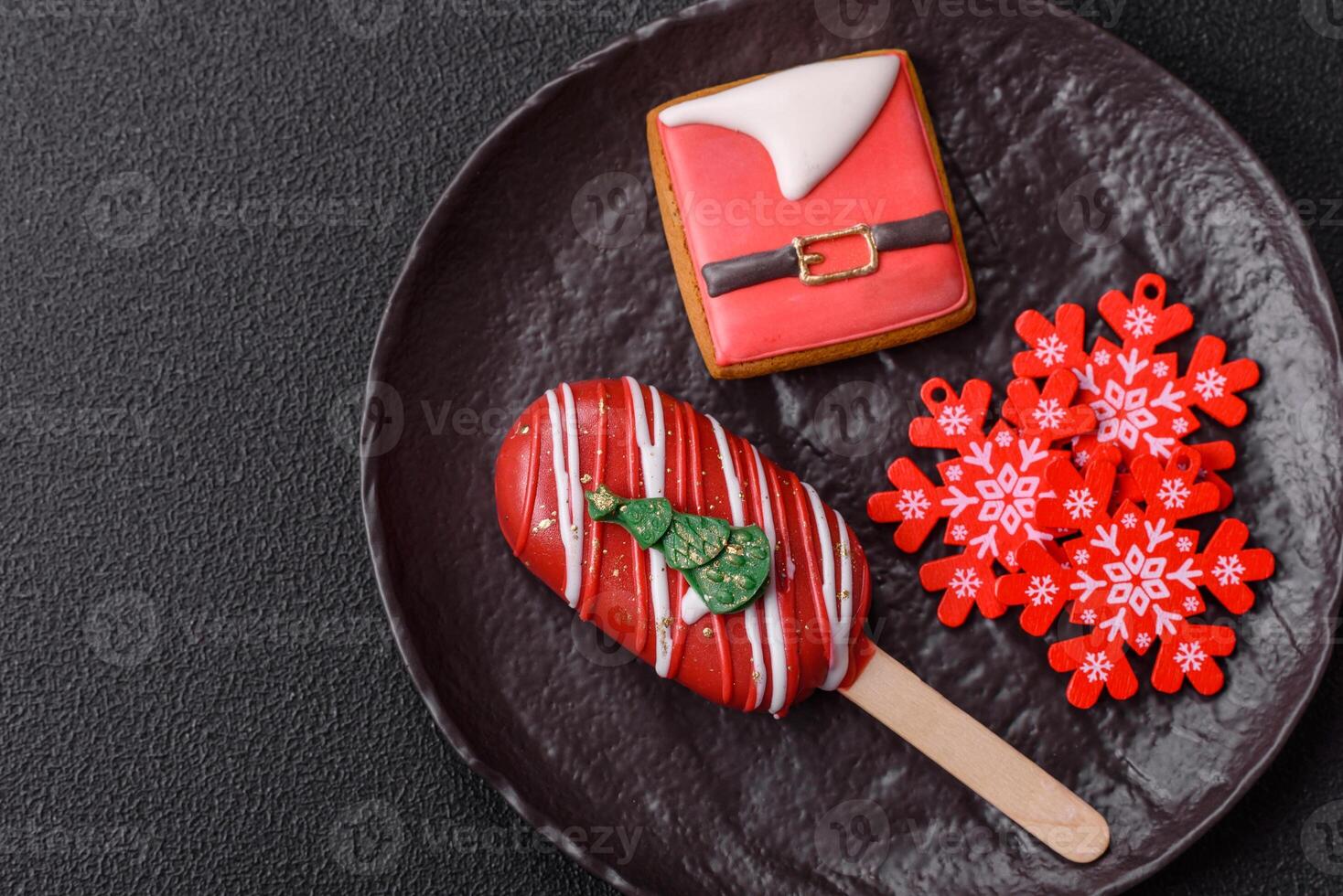 Natural popsicle ice cream on a stick in the style and colors of Christmas photo