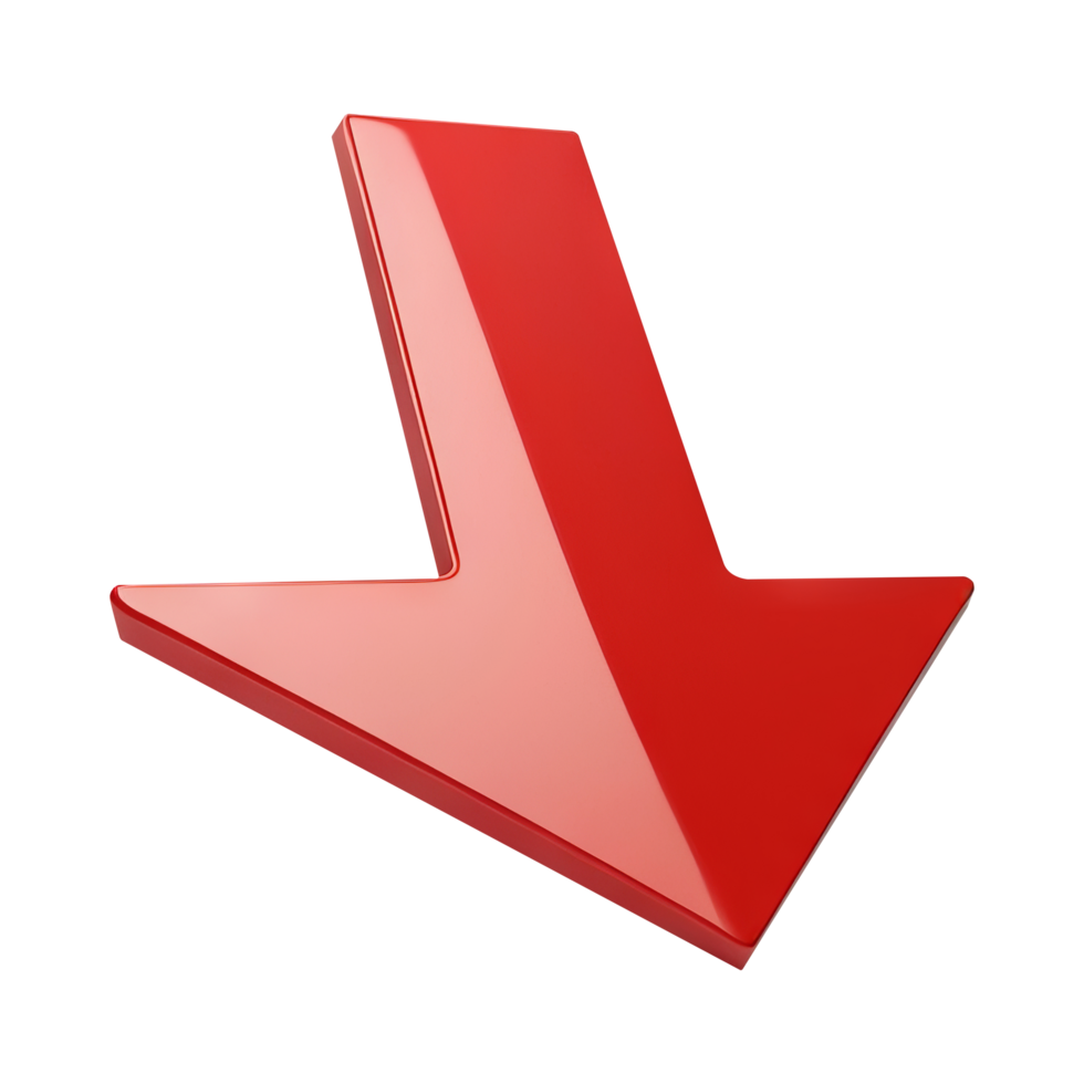 A simple 3D Red arrow business graph pointing down on transparent background png