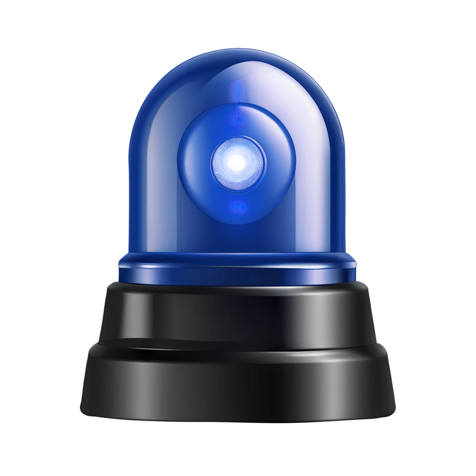 3d blue siren warning light on transparent background png
