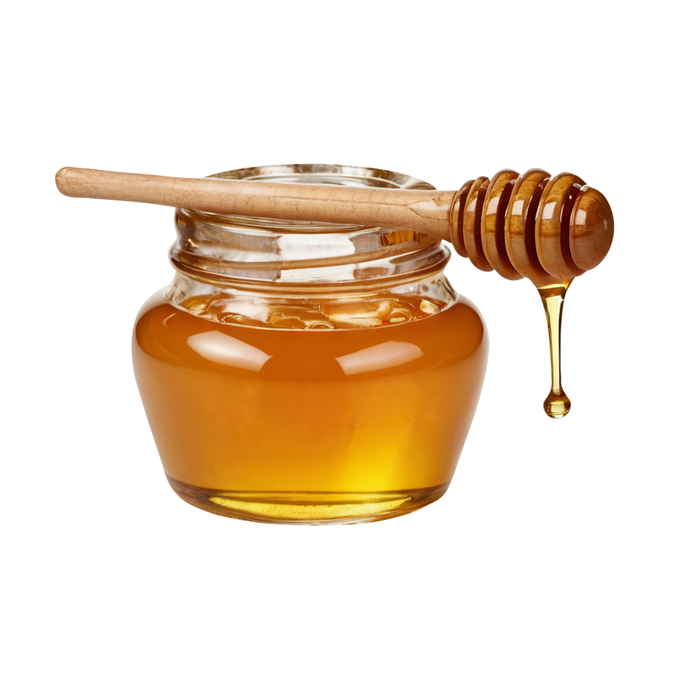 Fresh Honey jar and wooden dipper on transparent background png