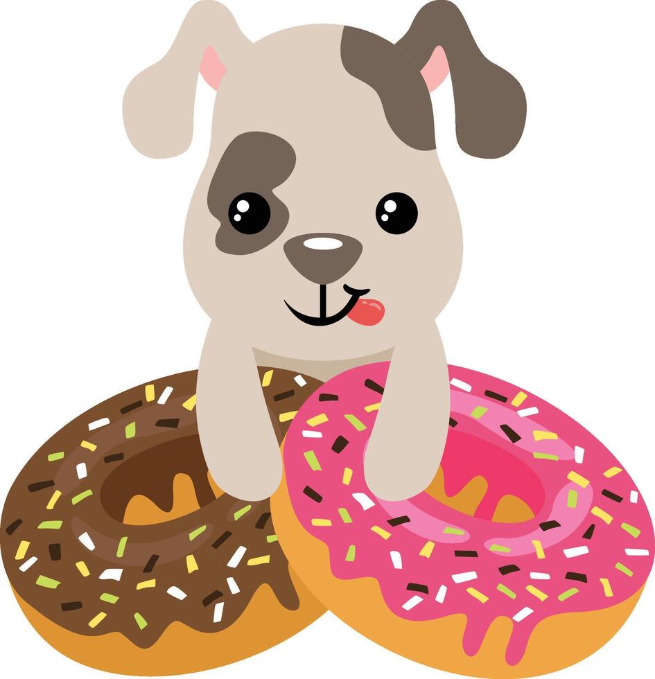 Funny puppy with strawberry and chocolate donuts vector