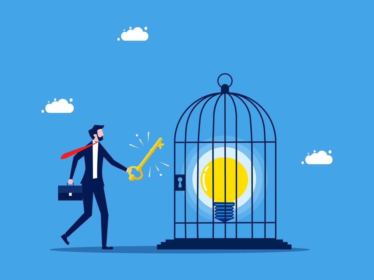 businessman with key in hand and light bulb in cage vector
