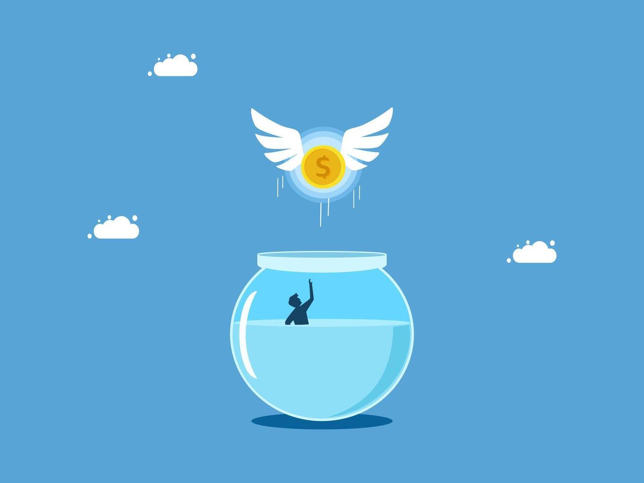fish bowl with a dollar coin and a bird flying out of it vector