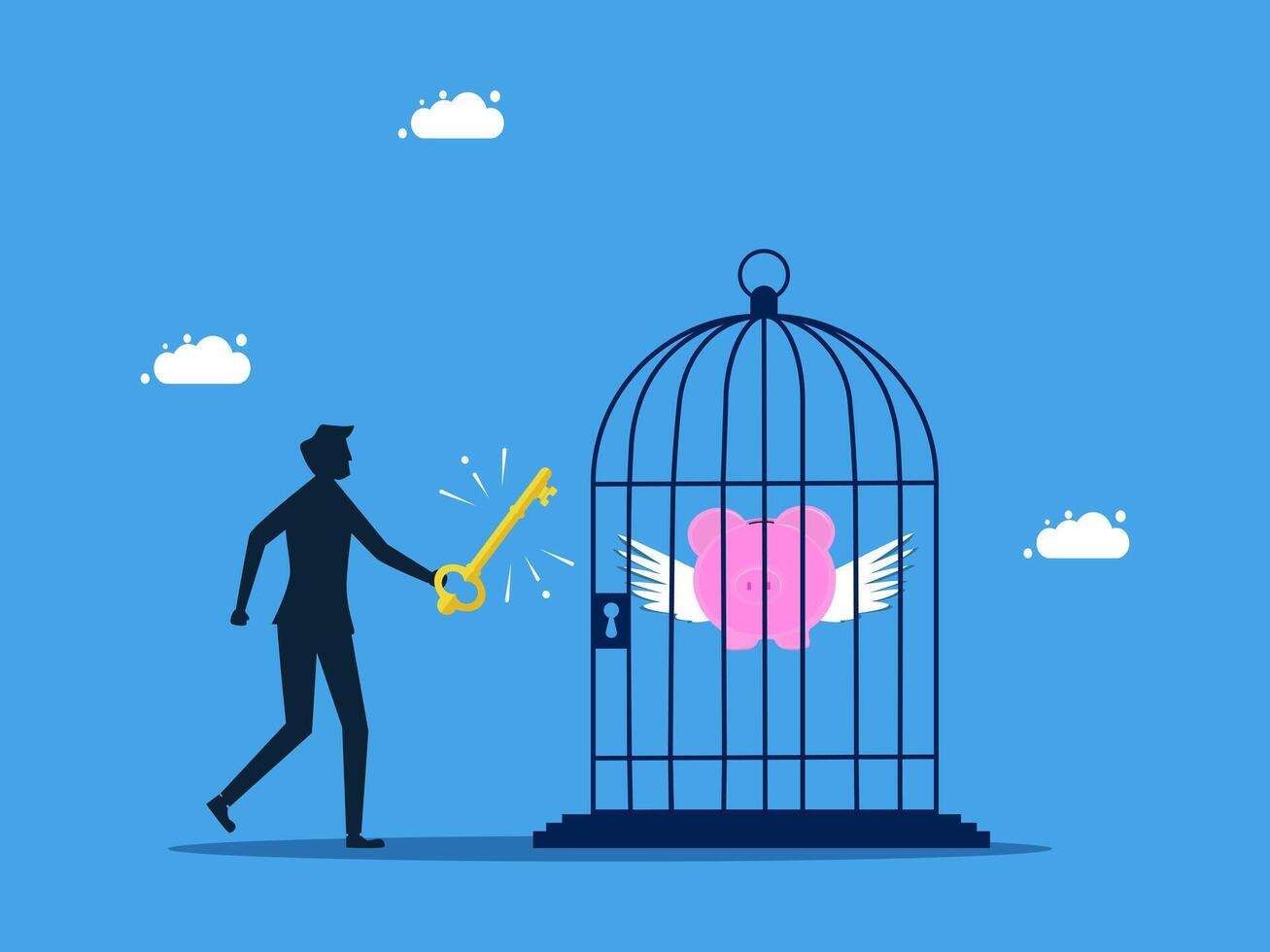man with key to open piggy bank in cage vector