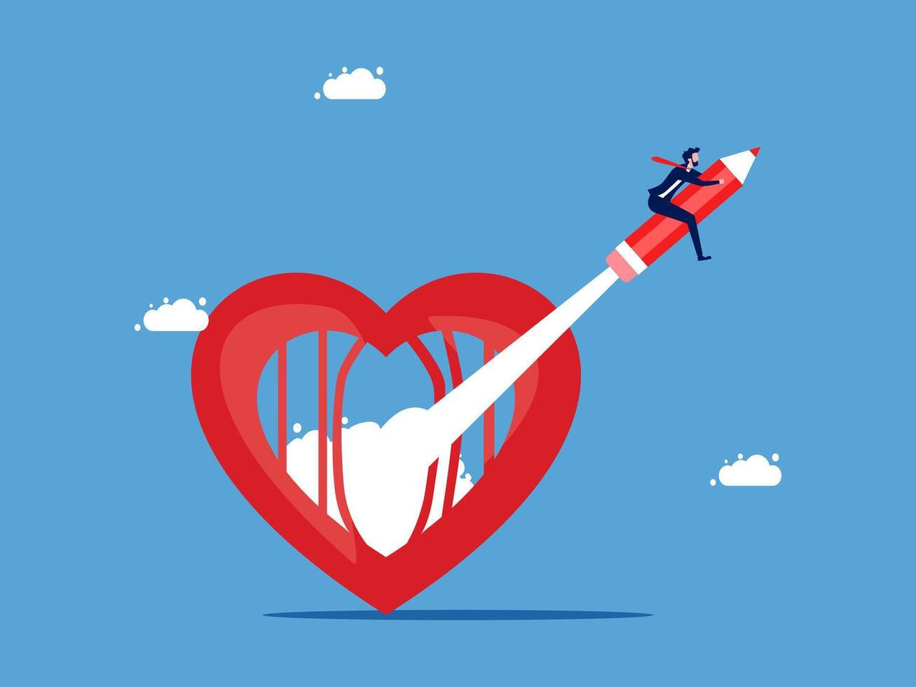 businessman flying through heart with rocket vector