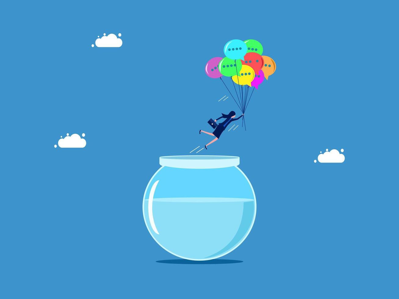 woman is floating in the air with a fish bowl full of colorful balloons vector
