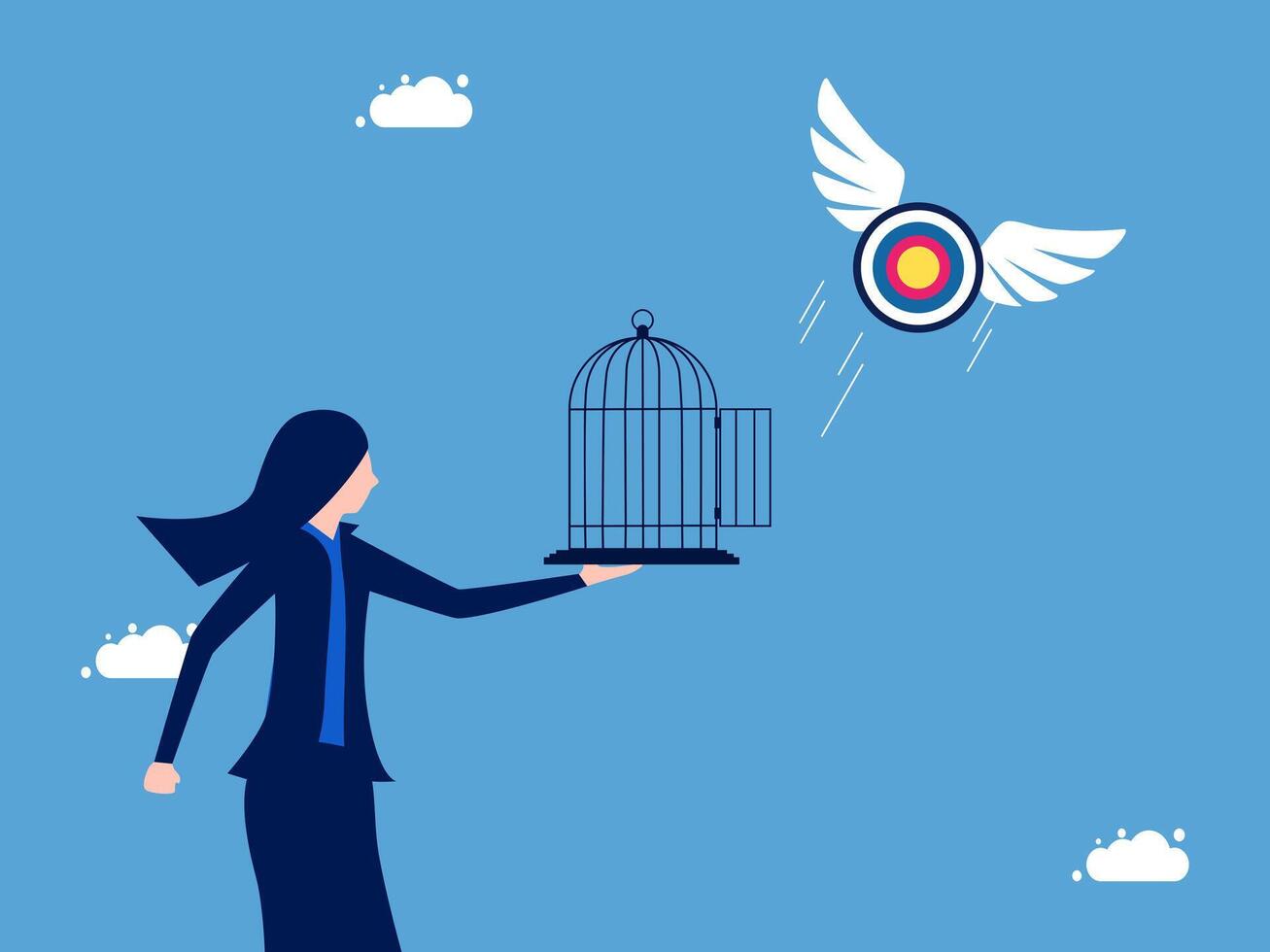 businesswoman holding a bird cage with a target on it, with an arrow flying towards it vector