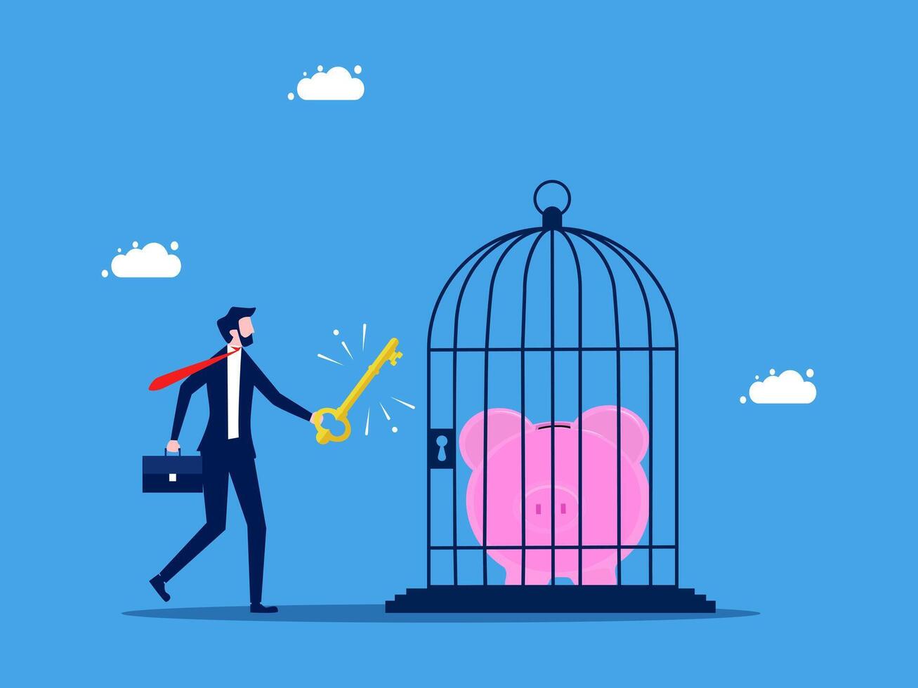 businessman with key to open piggy bank in cage vector
