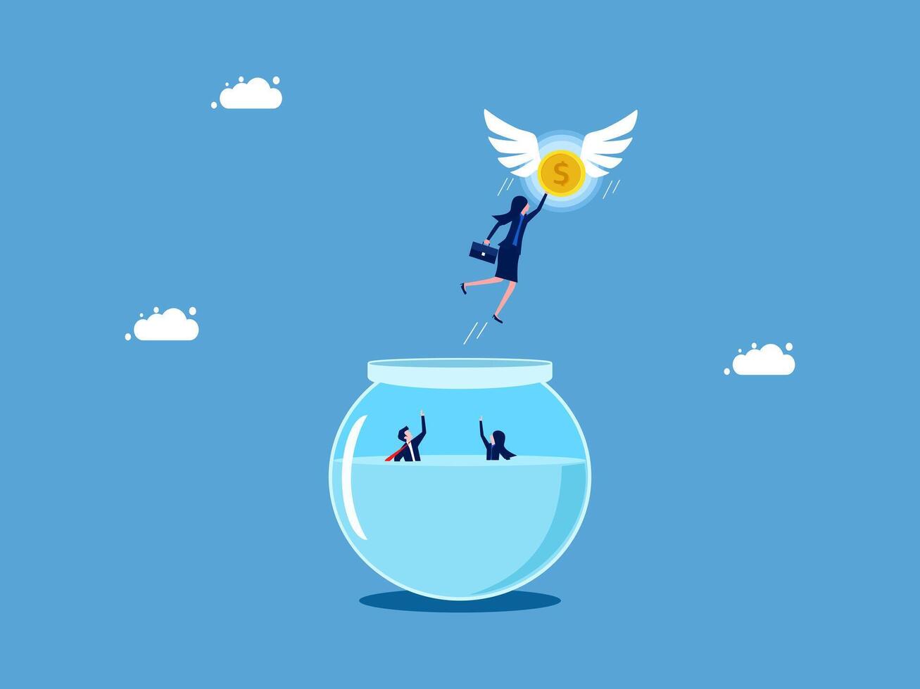 woman jumping into the water with a coin in his hand vector