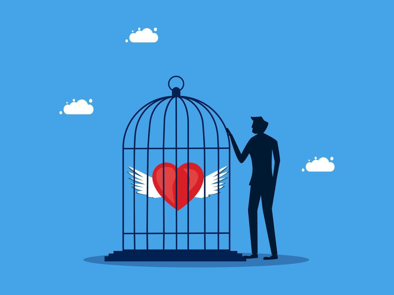 man holding heart in cage with wings and heart shape vector