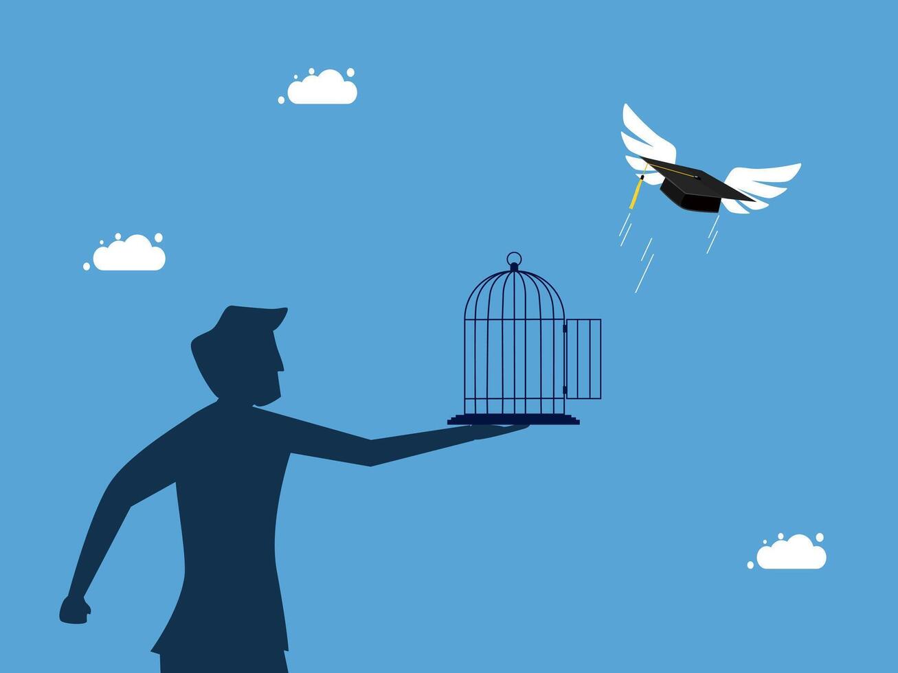 a man is holding a bird cage and a dove is flying away vector