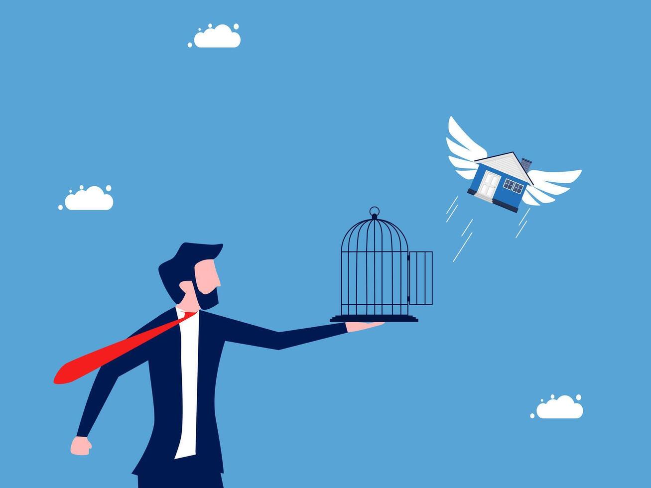 businrssman holding a bird cage with a house flying away vector