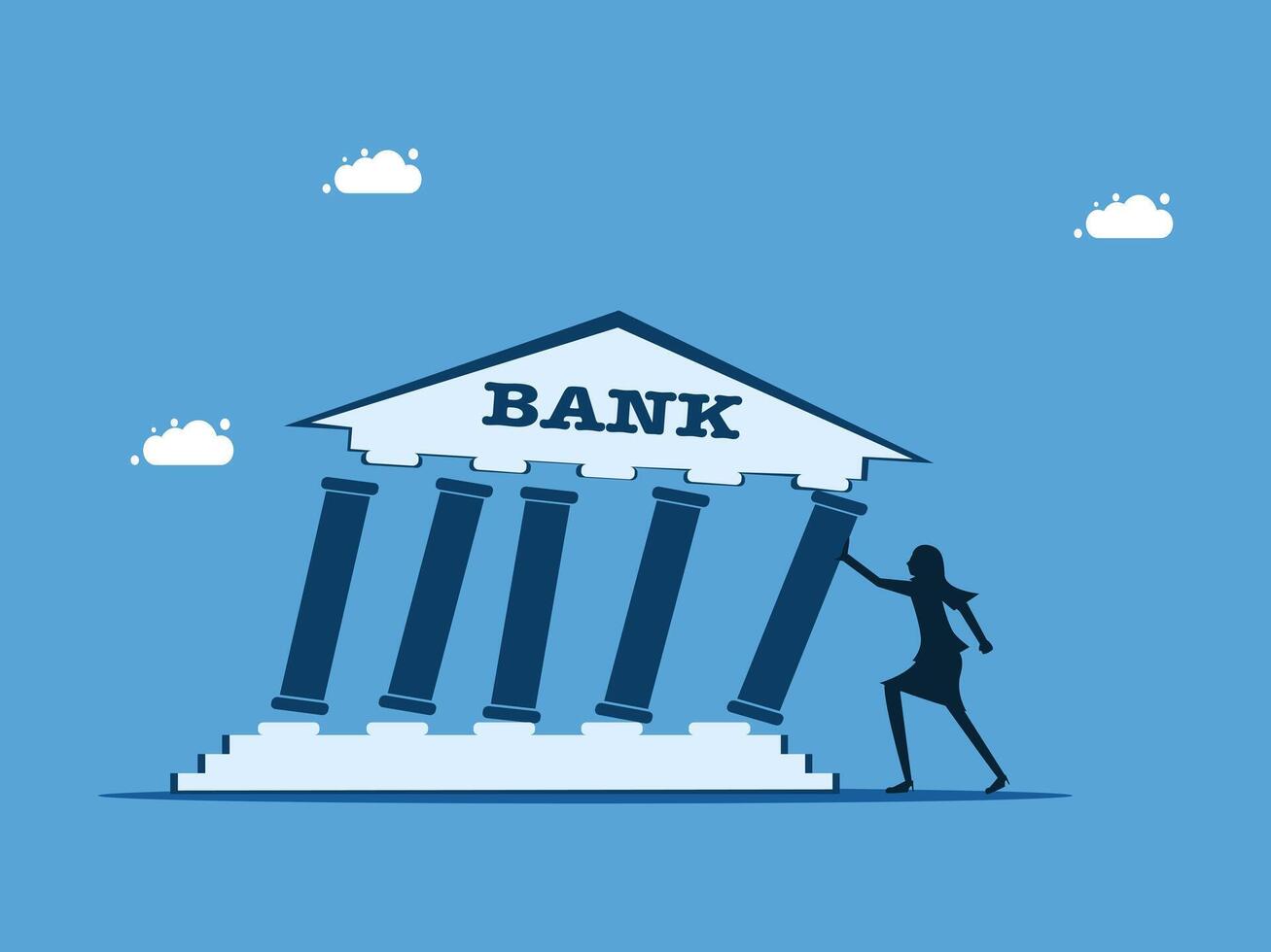 a woman pushing a pillar with the word bank on it vector