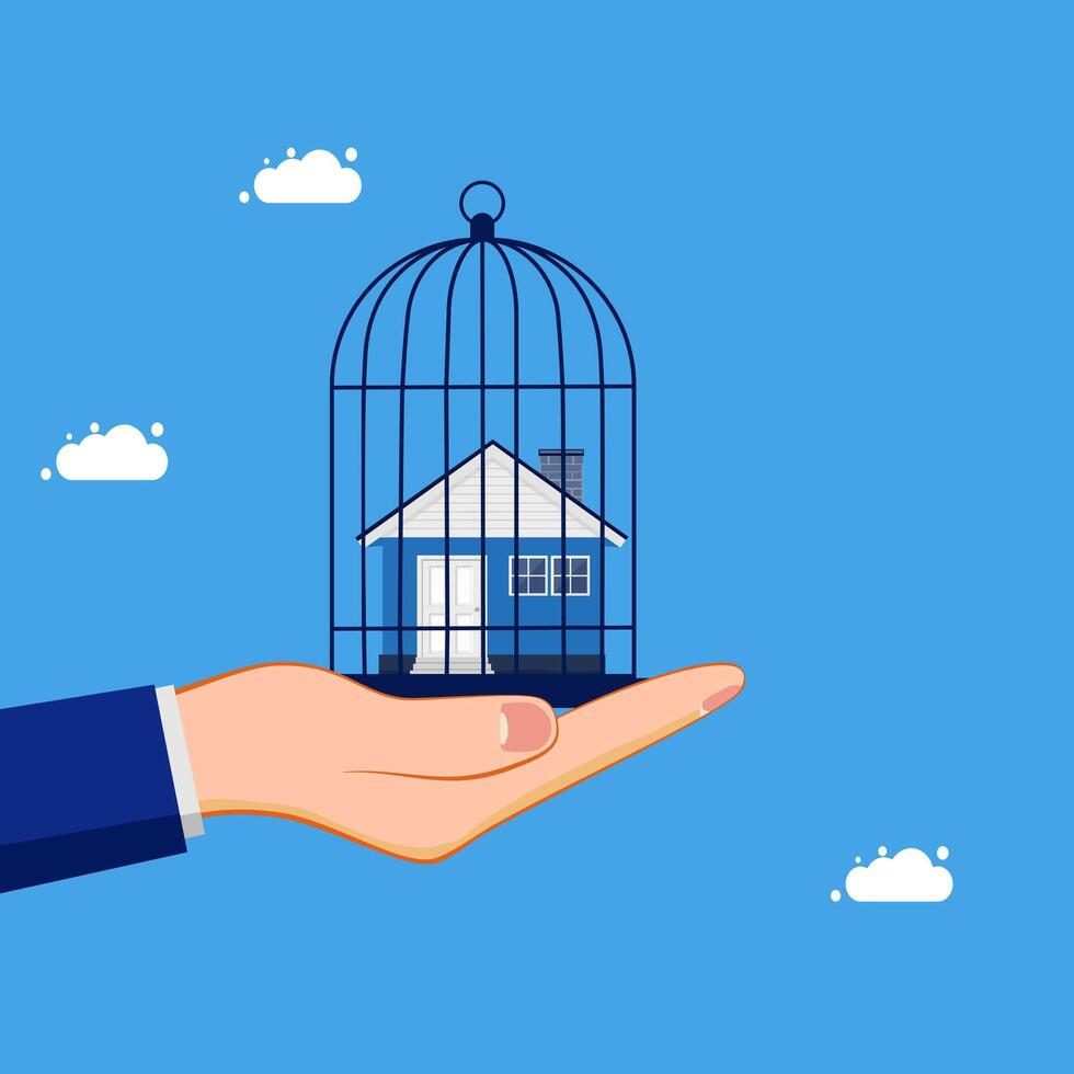 hand holding a house in a cage, with a bird in the cage vector