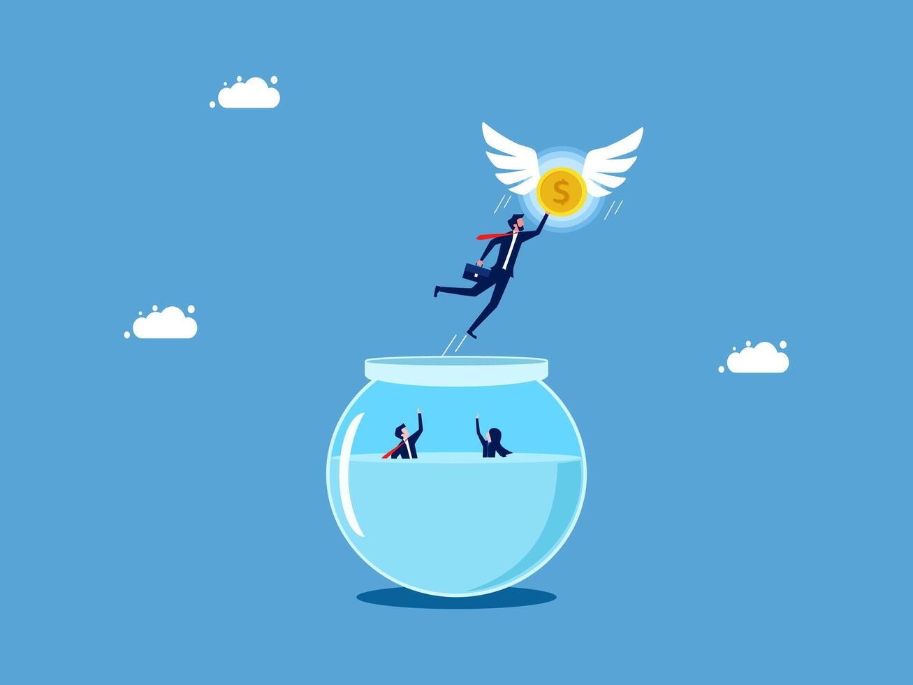 businessman jumping into the fish bowl with a coin vector