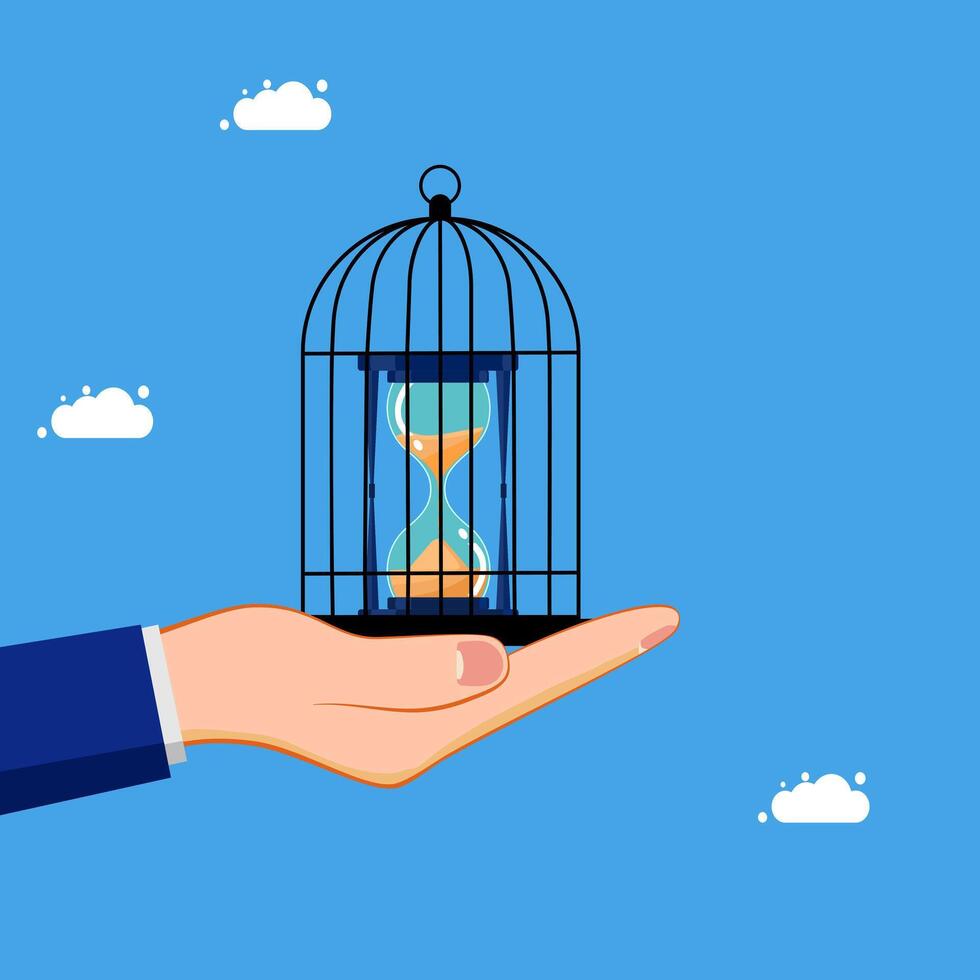 hand holding hourglass in a cage with clouds vector