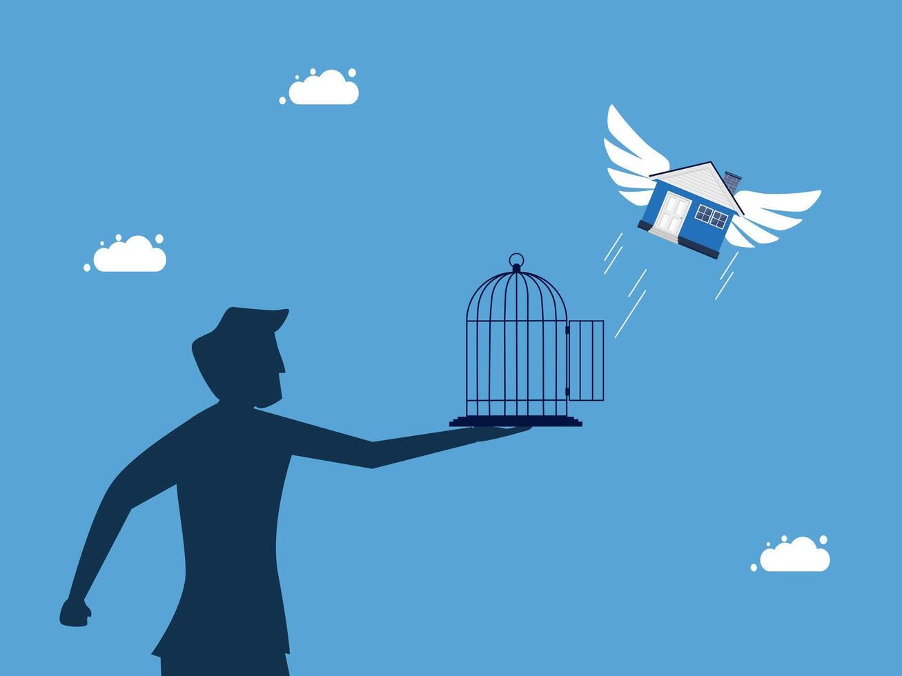 man holding a bird cage with a house flying away vector