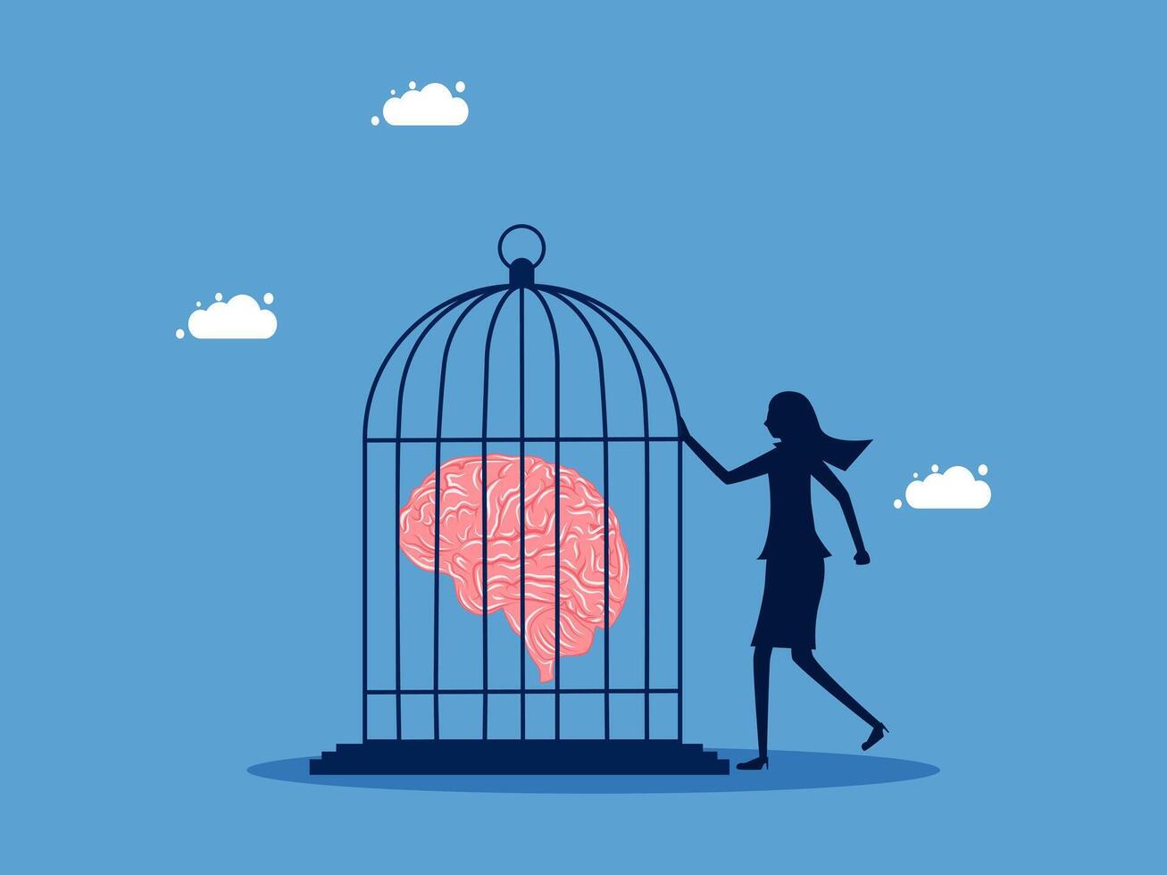 a woman is holding a bird cage with a brain inside vector