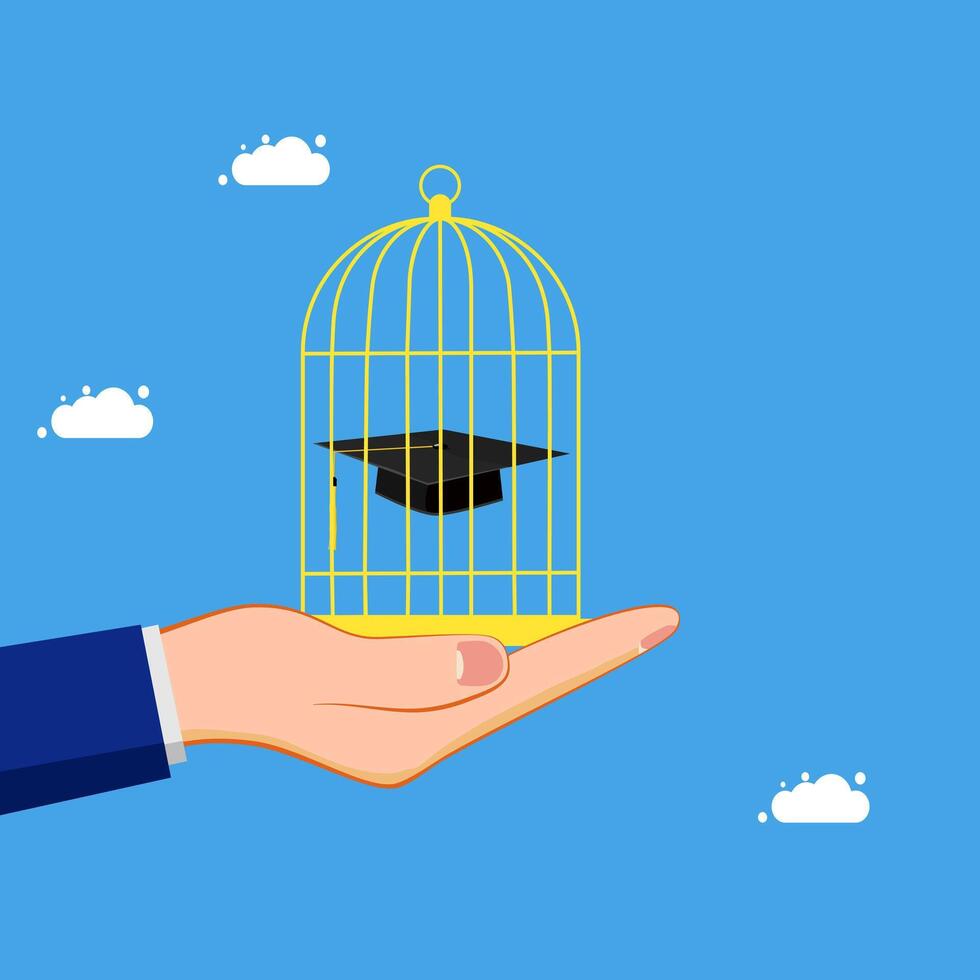 hand holding a graduation cap in a cage with clouds vector