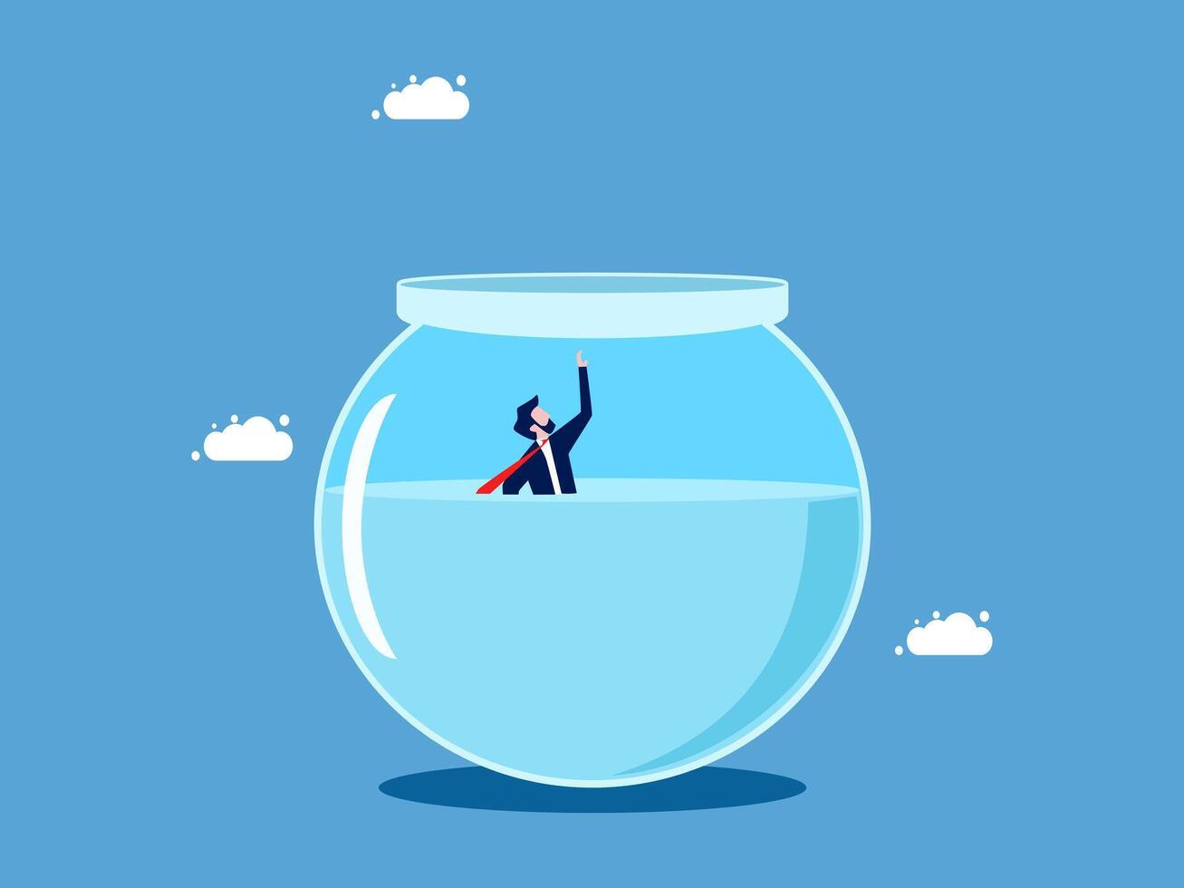 businessman is standing in a fish bowl with a cloud in the background vector