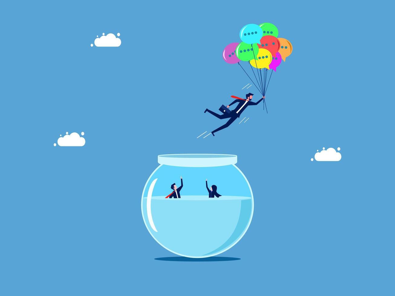 businerssman is floating in the air with a fish bowl full of colorful balloons vector