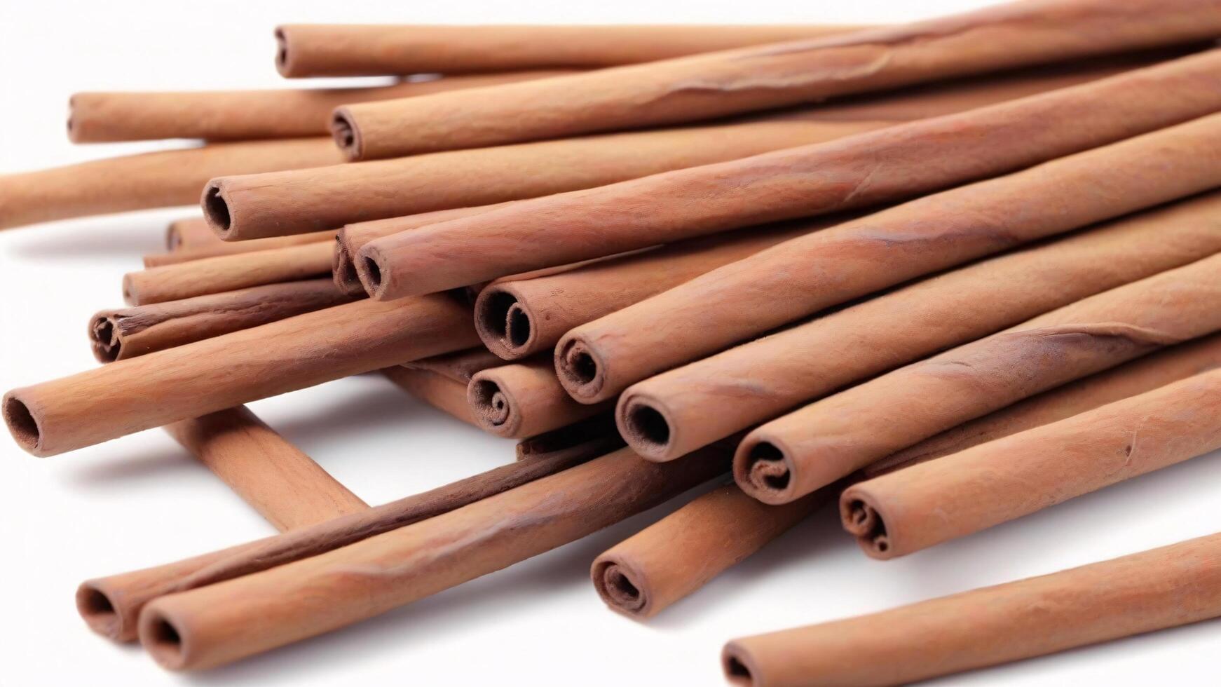 Close-up of cinnamon sticks on a white background. photo