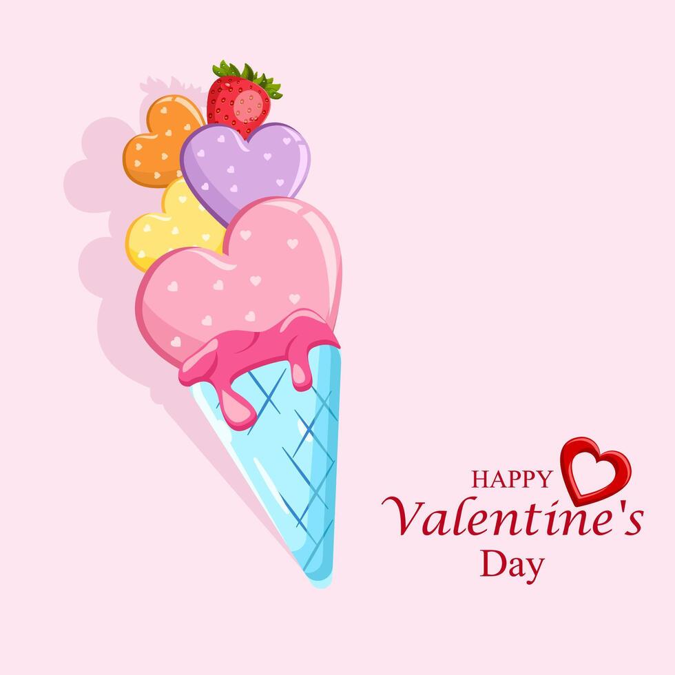 Flat illustration happy valentine day, ice cream love with strawberry vector