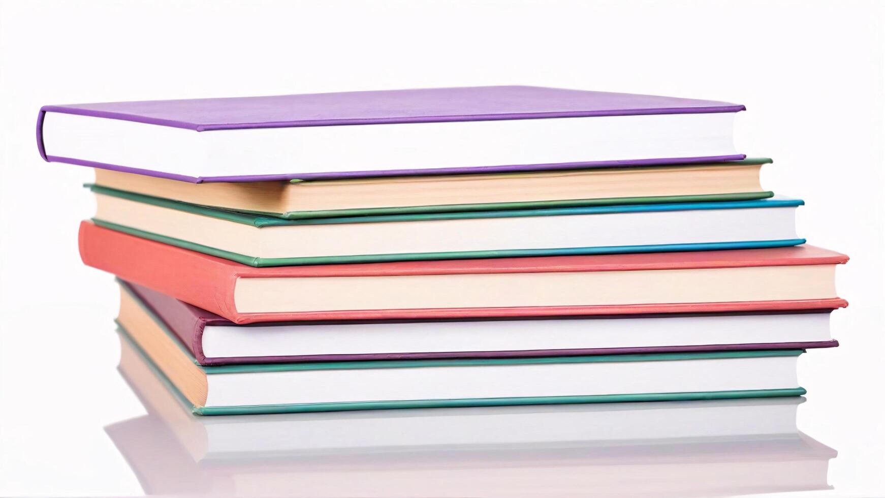 Stack of Colorful Hardback Books on White Background. photo