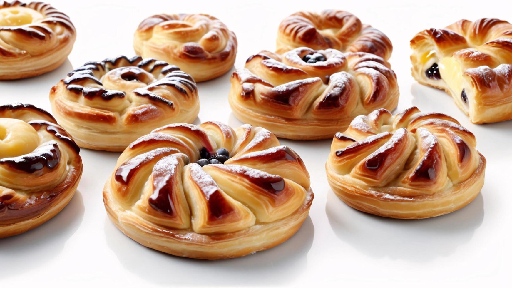 Freshly baked sweet pastries with various fillings on a white background. photo