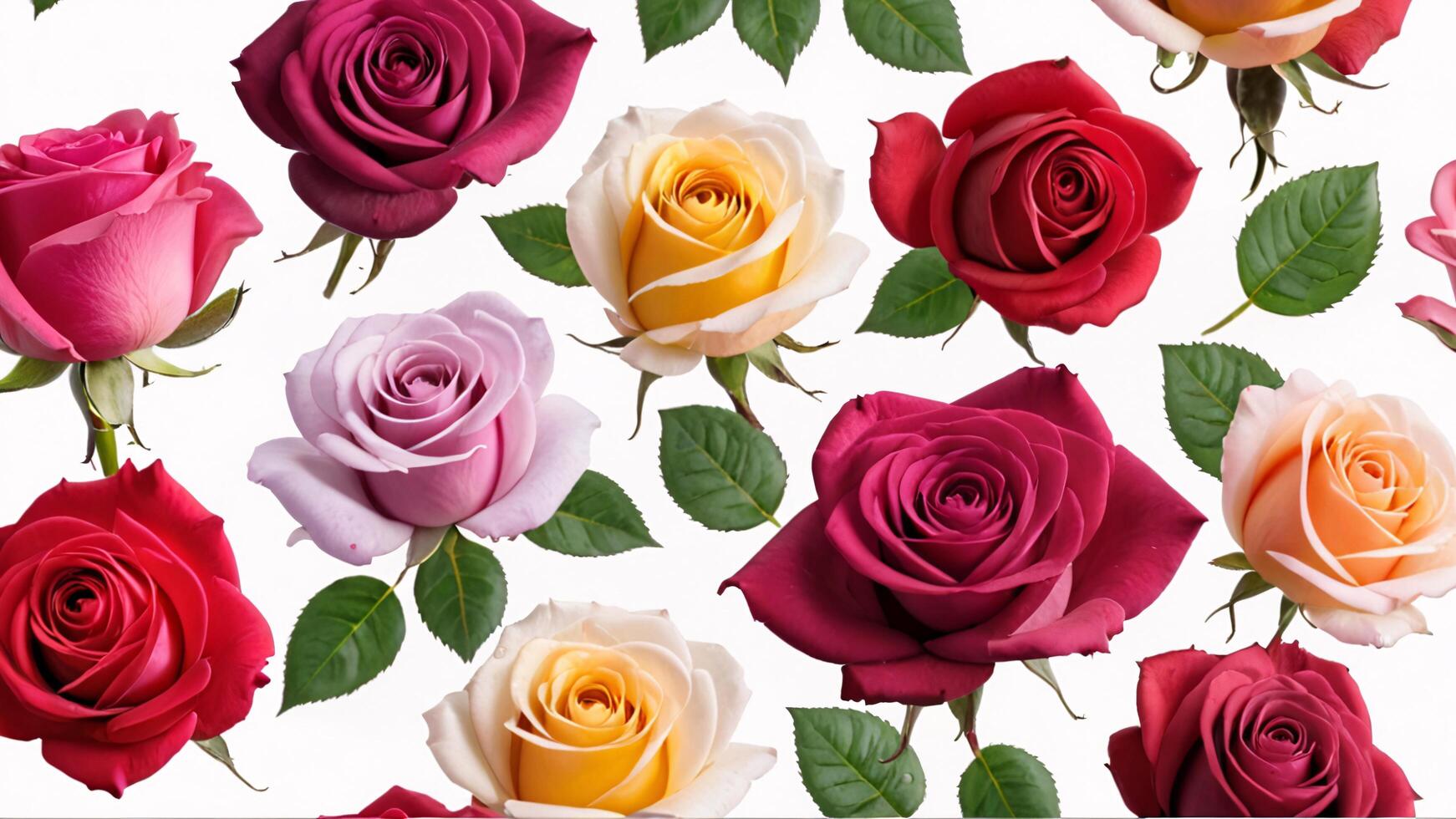 Colorful roses with green leaves on a white background. photo