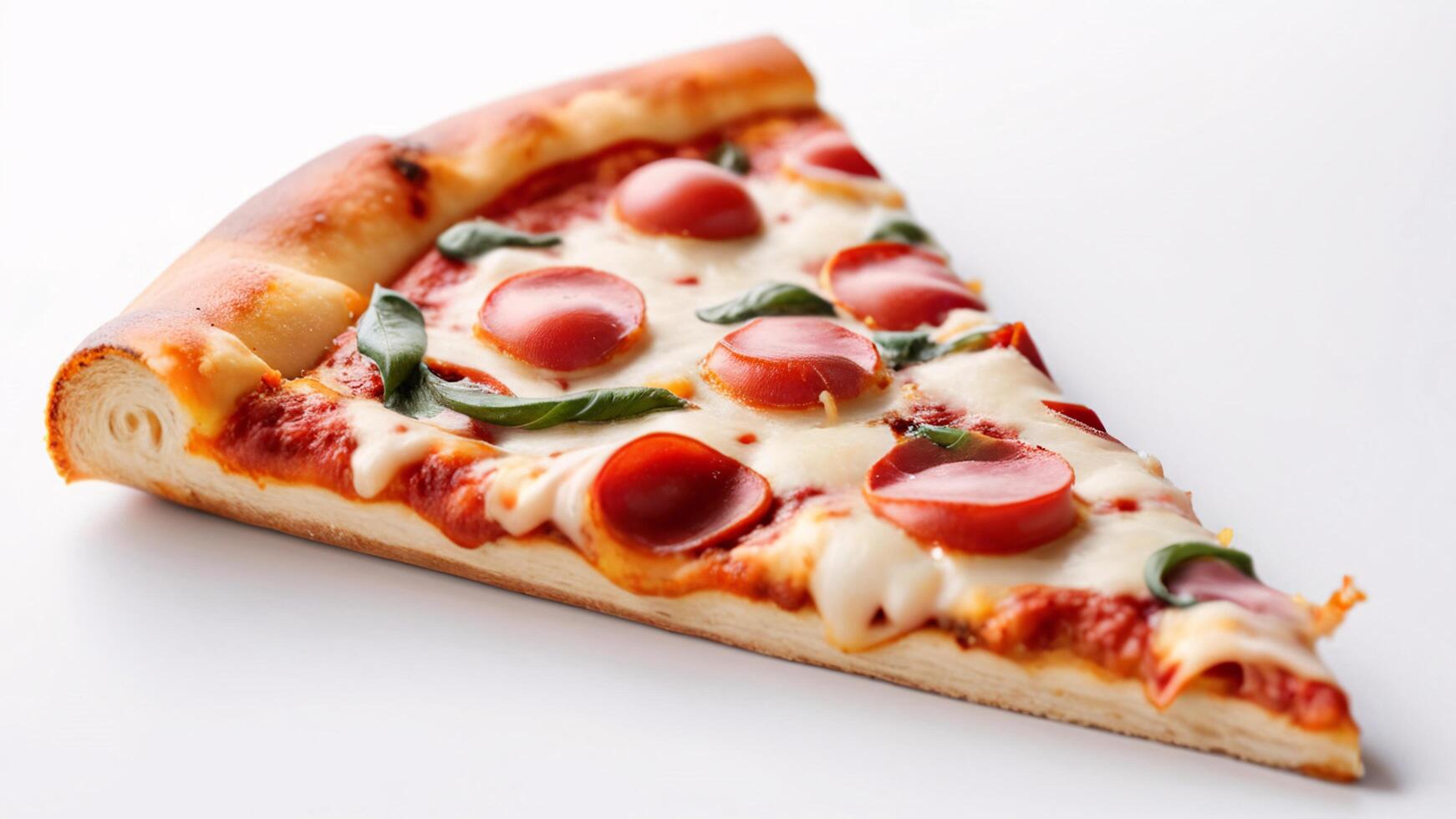 Closeup of a delicious pepperoni pizza slice with melted cheese and basil. photo