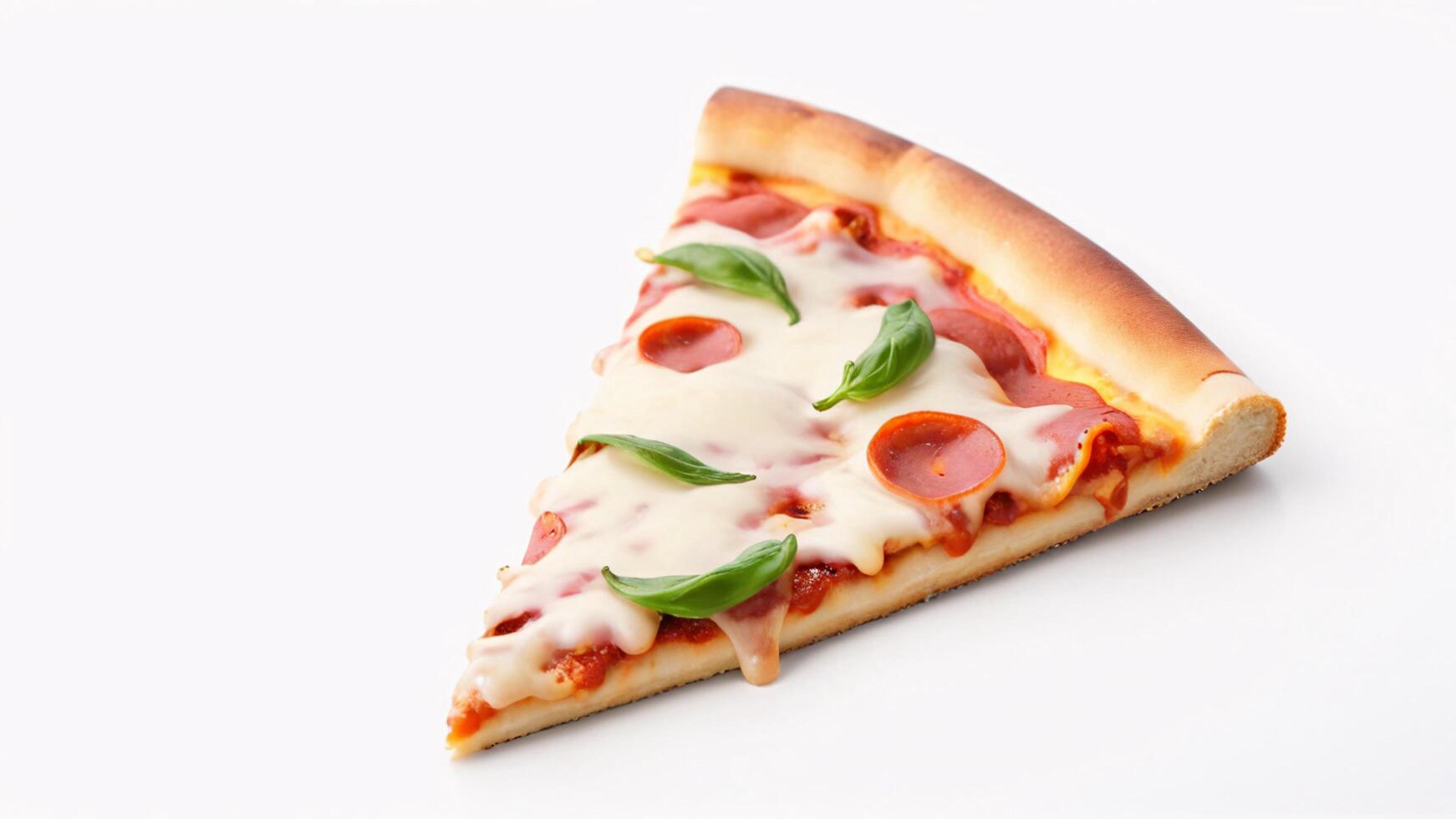 Single slice of pepperoni pizza with melted cheese and basil leaves on a white background. photo