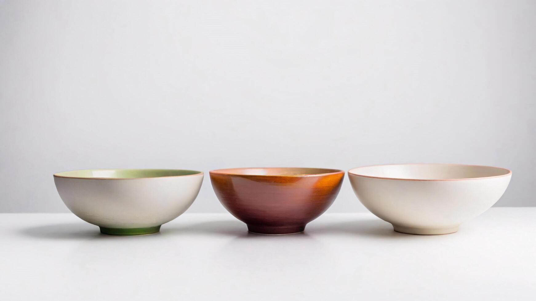 Three empty ceramic bowls in different colors on a white background. photo