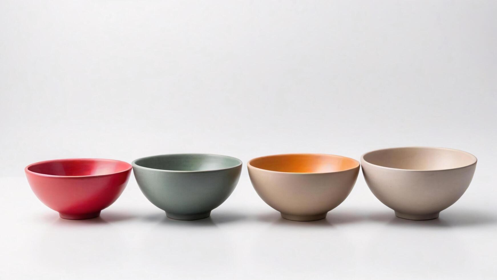 Four empty colorful ceramic bowls isolated on white background. photo