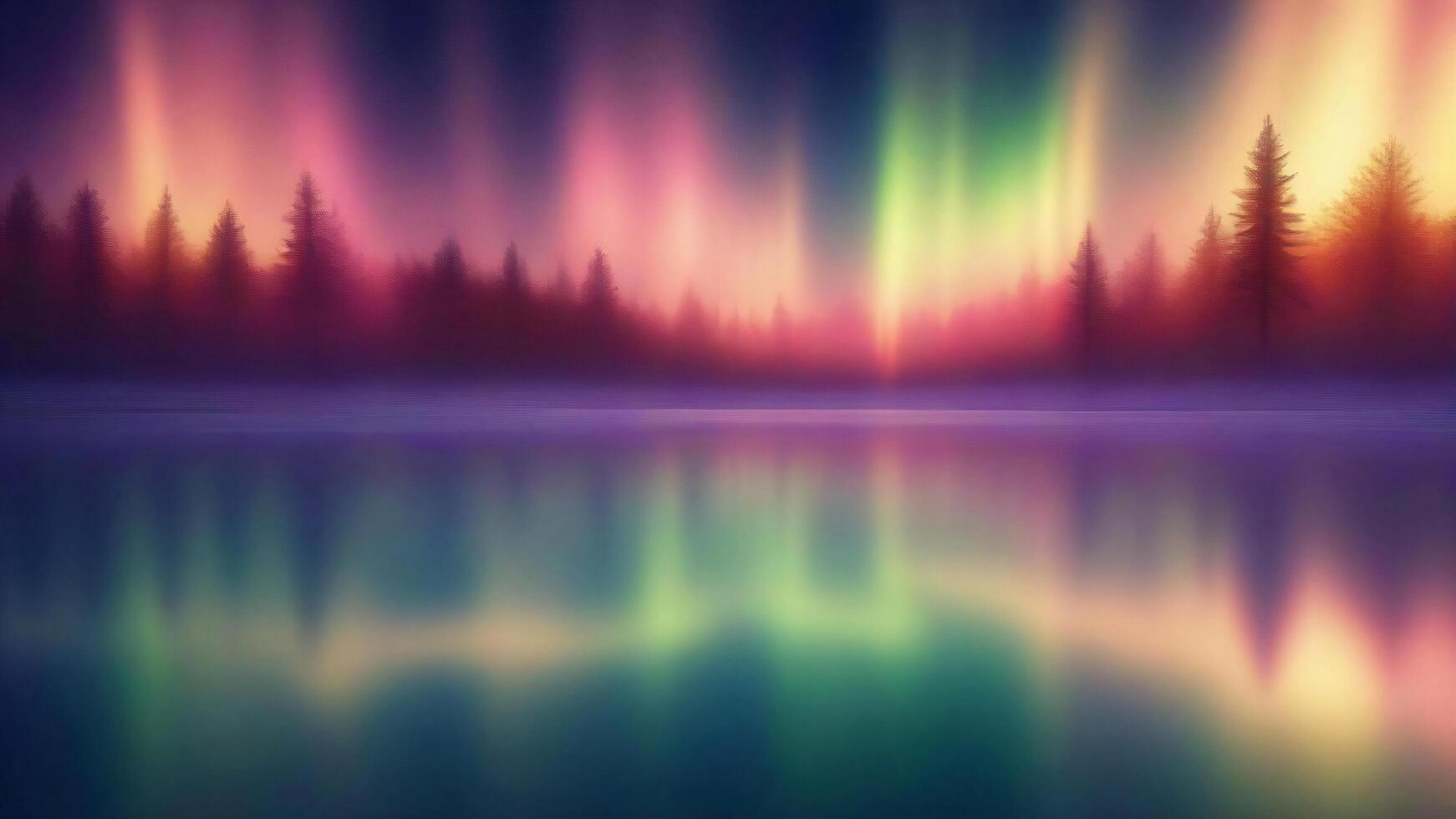 Blurry silhouette of trees reflected in water with an aurora borealis in the background. photo