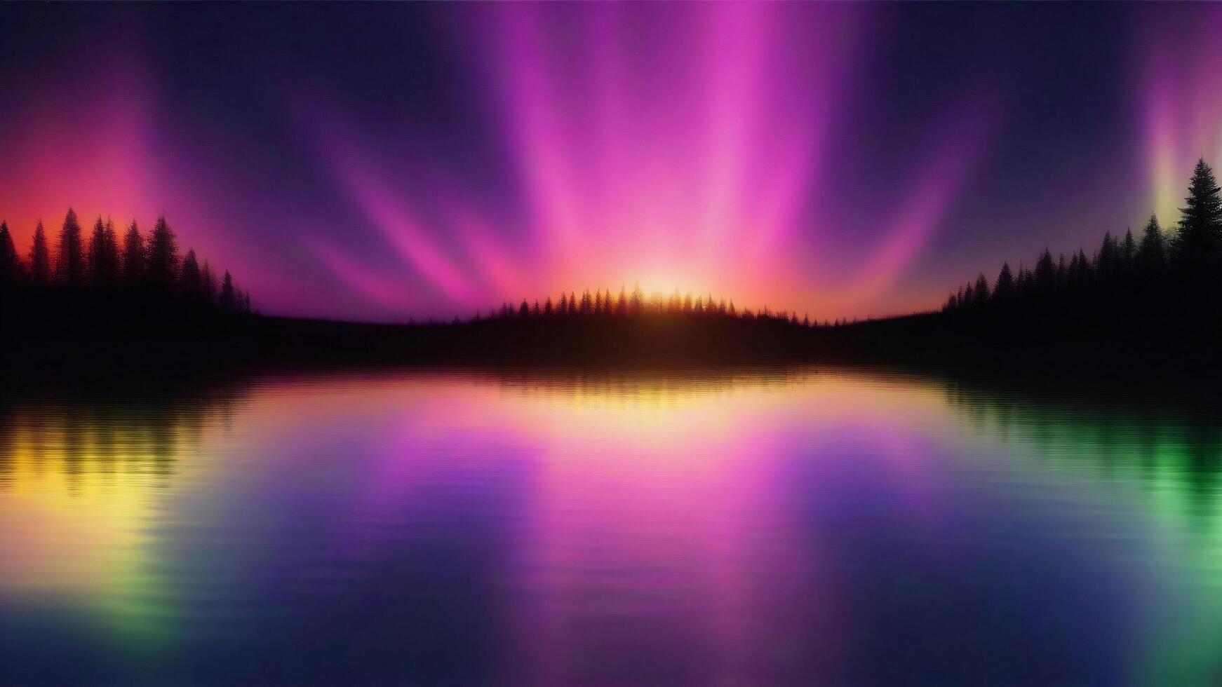 Silhouetted trees reflect in a calm lake with a vibrant aurora borealis in the sky. photo