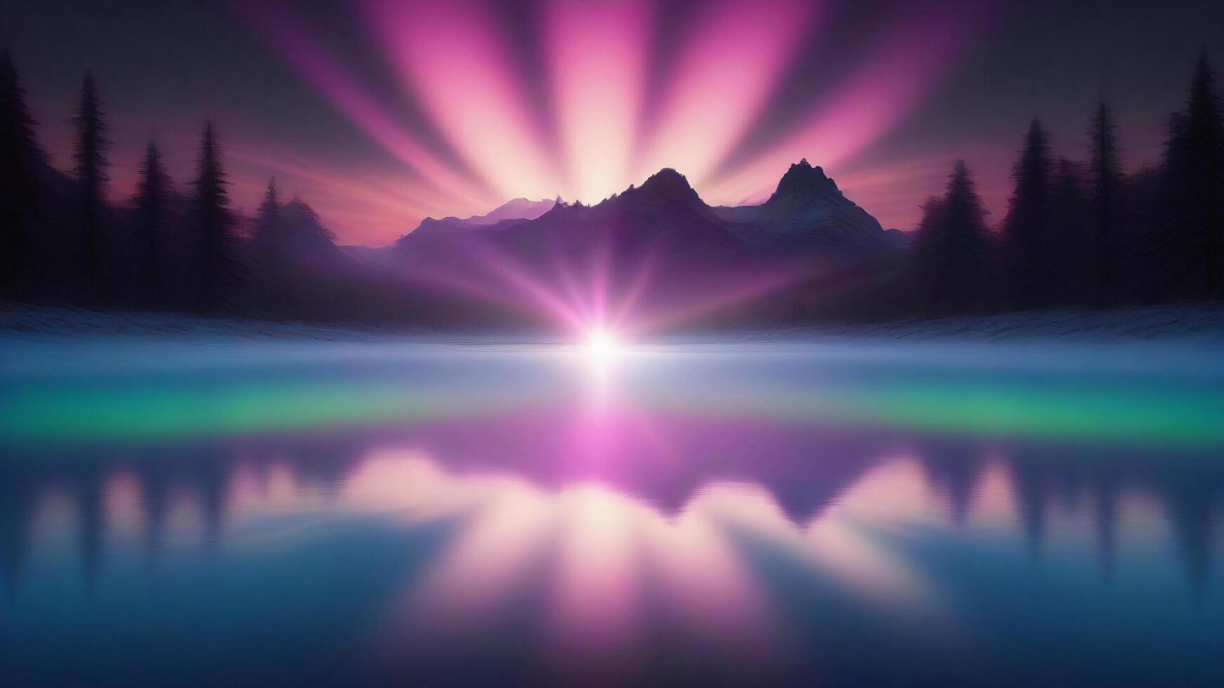 Silhouetted mountains with a glowing pink sunrise reflected in a calm lake. photo
