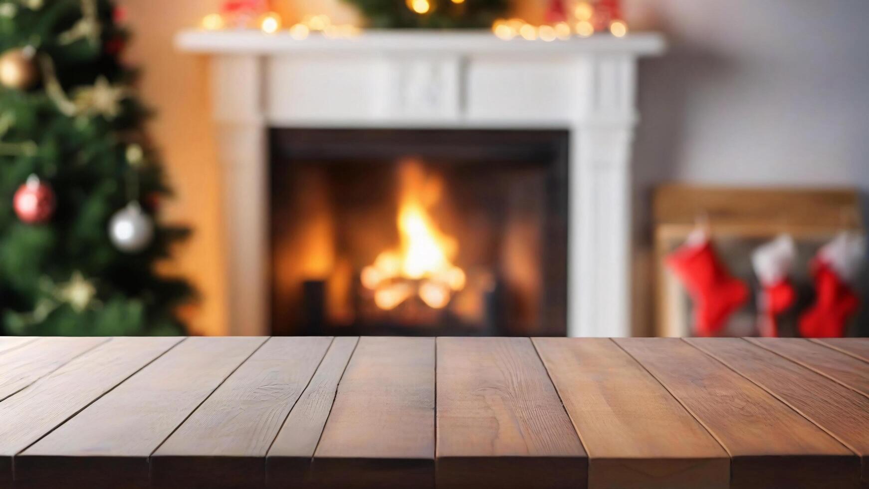 Wooden table top with blurred Christmas fireplace and tree background. photo
