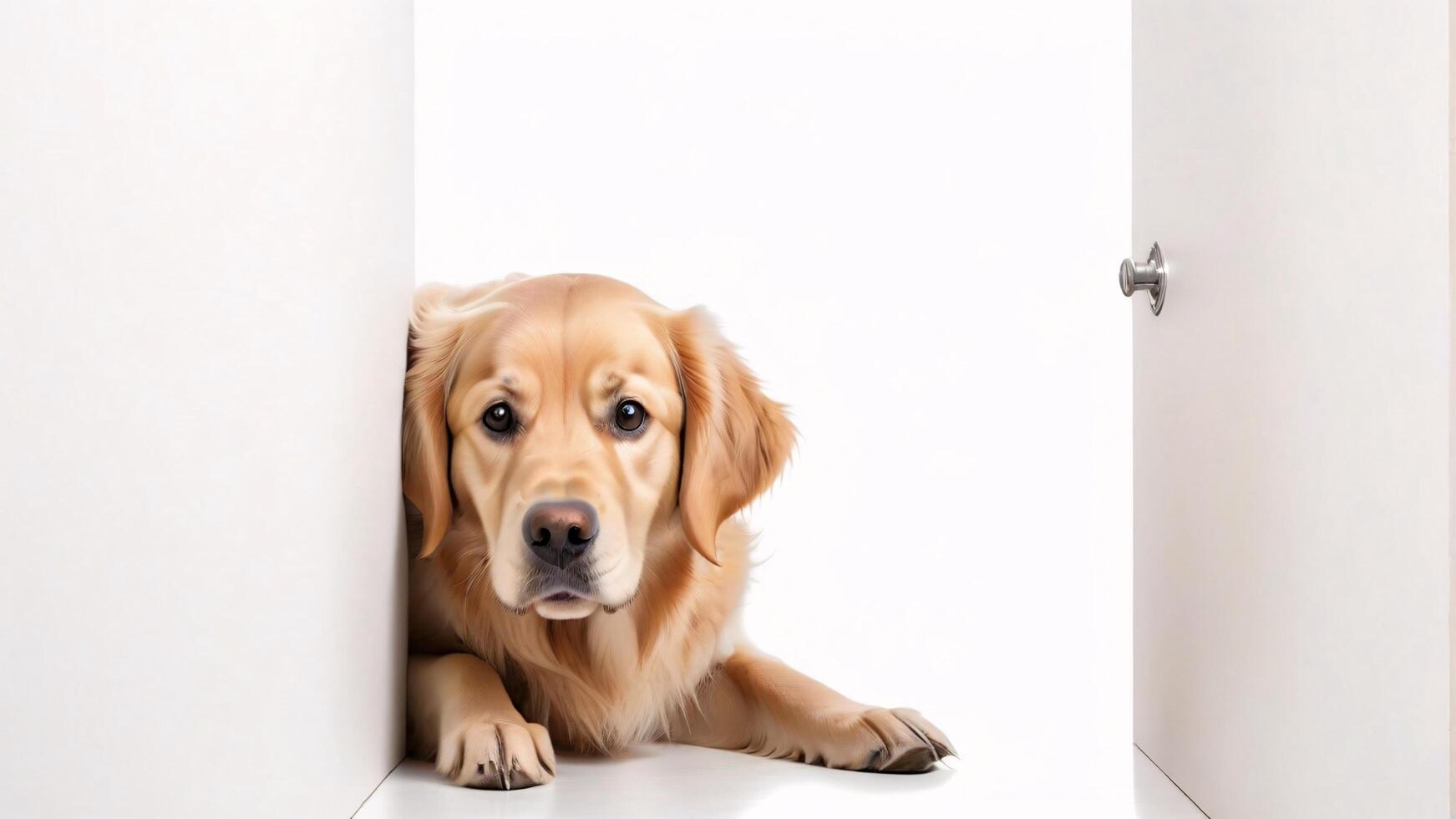 Golden retriever dog peeking from behind a door. photo