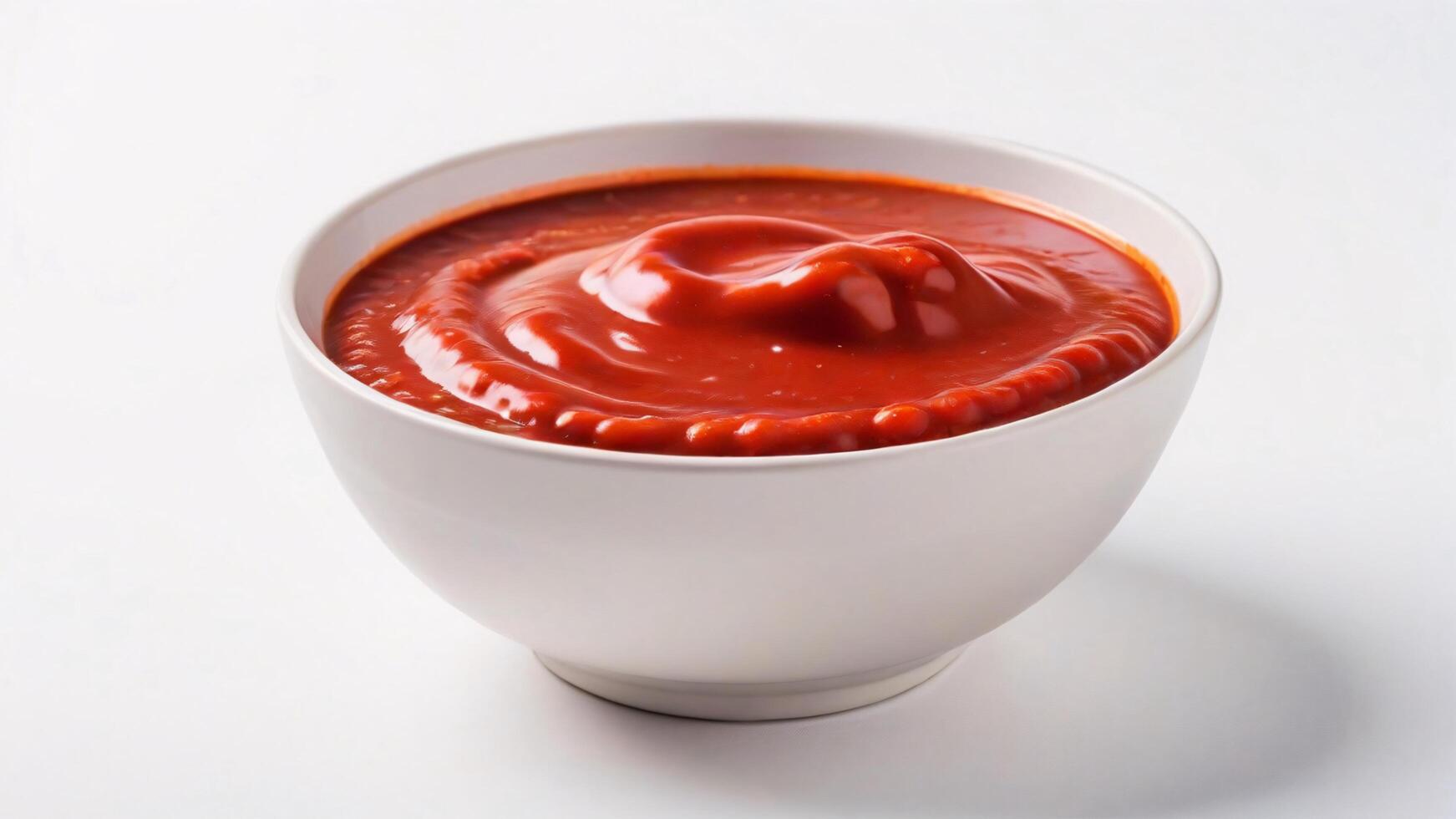 Close-up of a white bowl filled with red sauce, isolated on a white background. photo