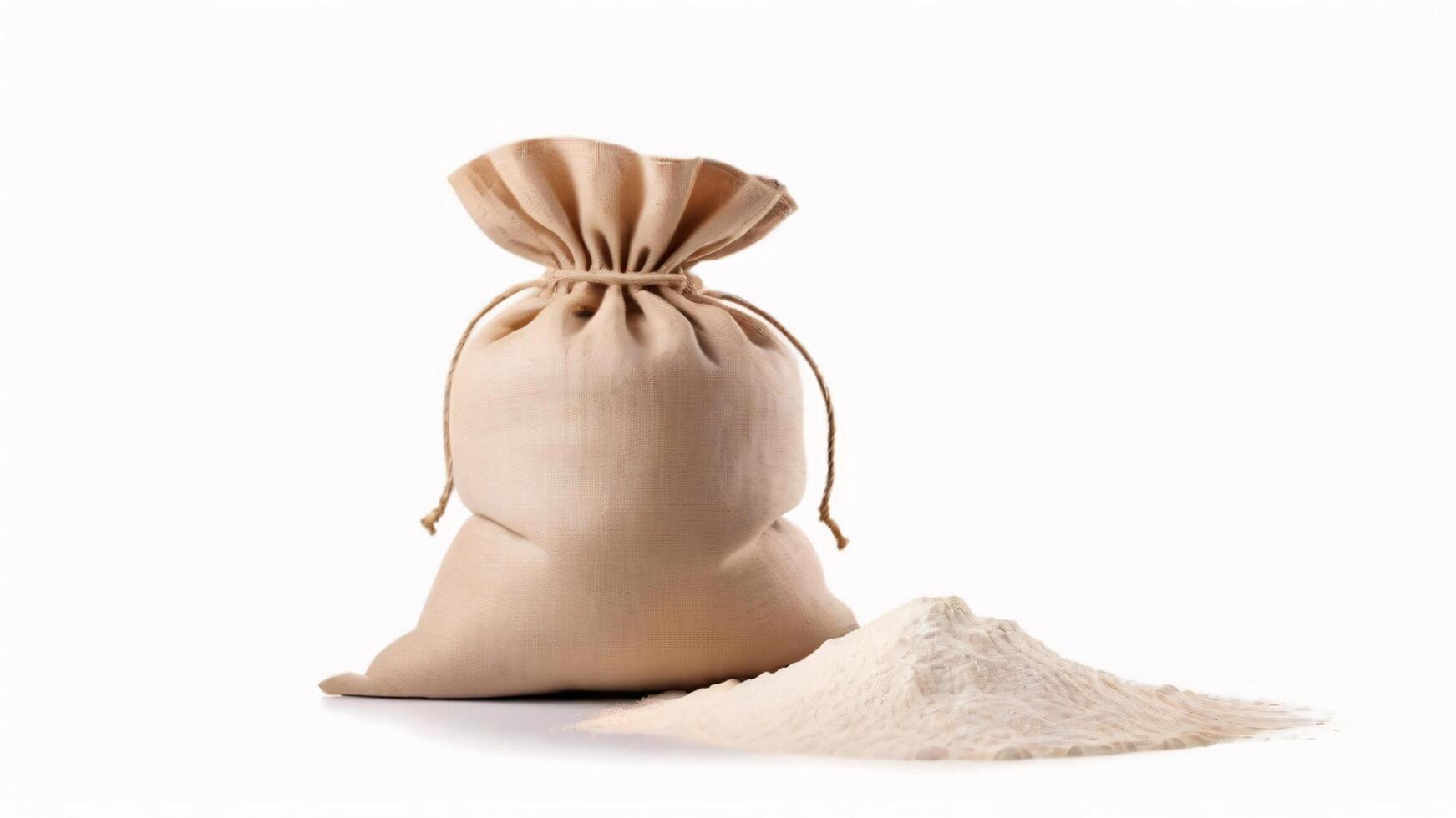 A burlap sack with spilled white powder, isolated on a white background. photo