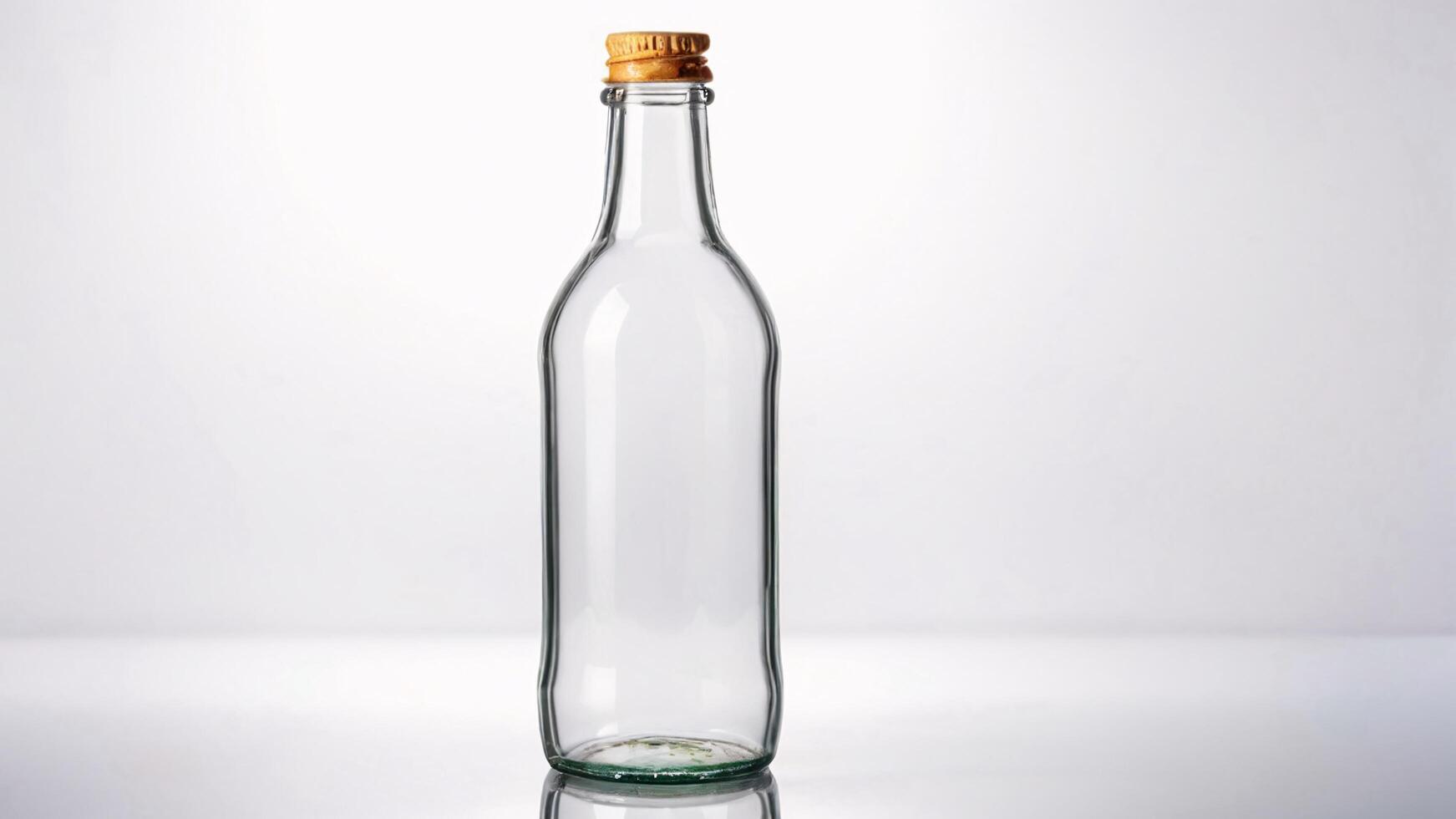 Empty glass bottle with cork top on a white background. photo