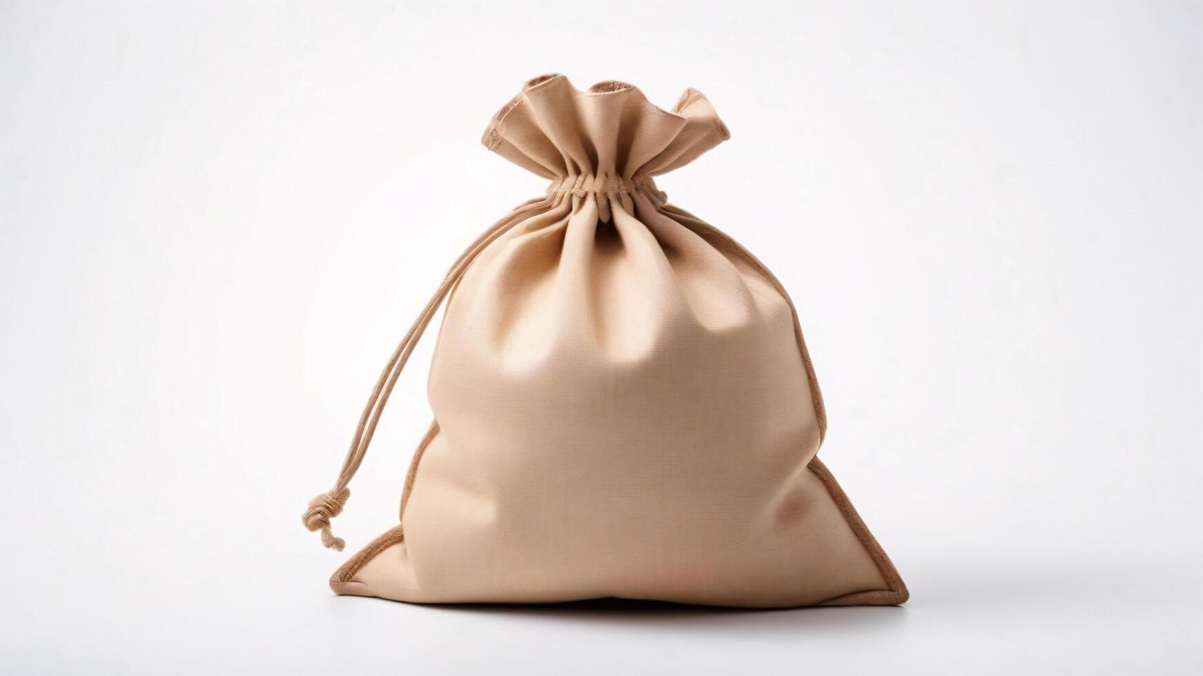 A beige fabric bag with a drawstring, isolated on a white background. photo