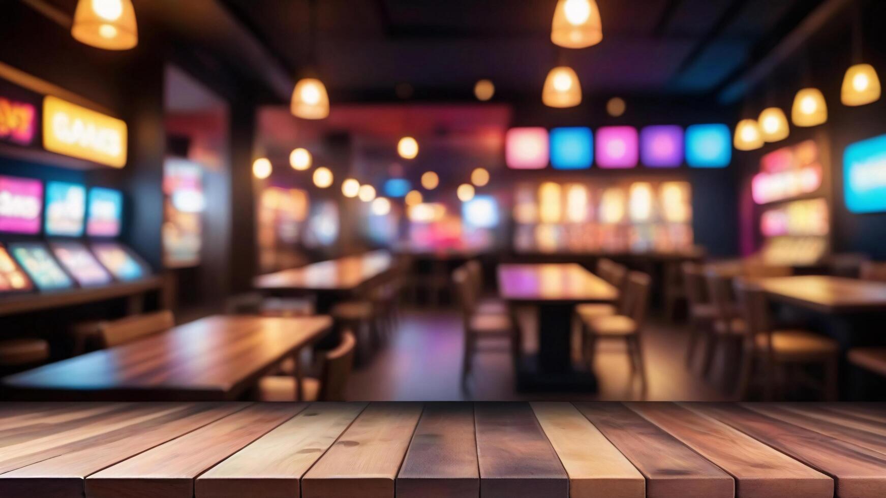 Empty wooden table in a dimly lit bar with blurred background. photo