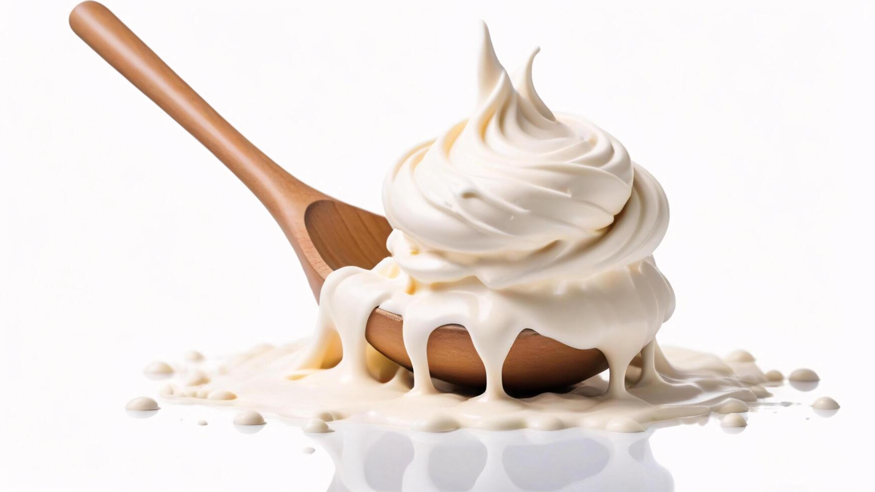 Creamy white substance flowing from wooden spoon. photo