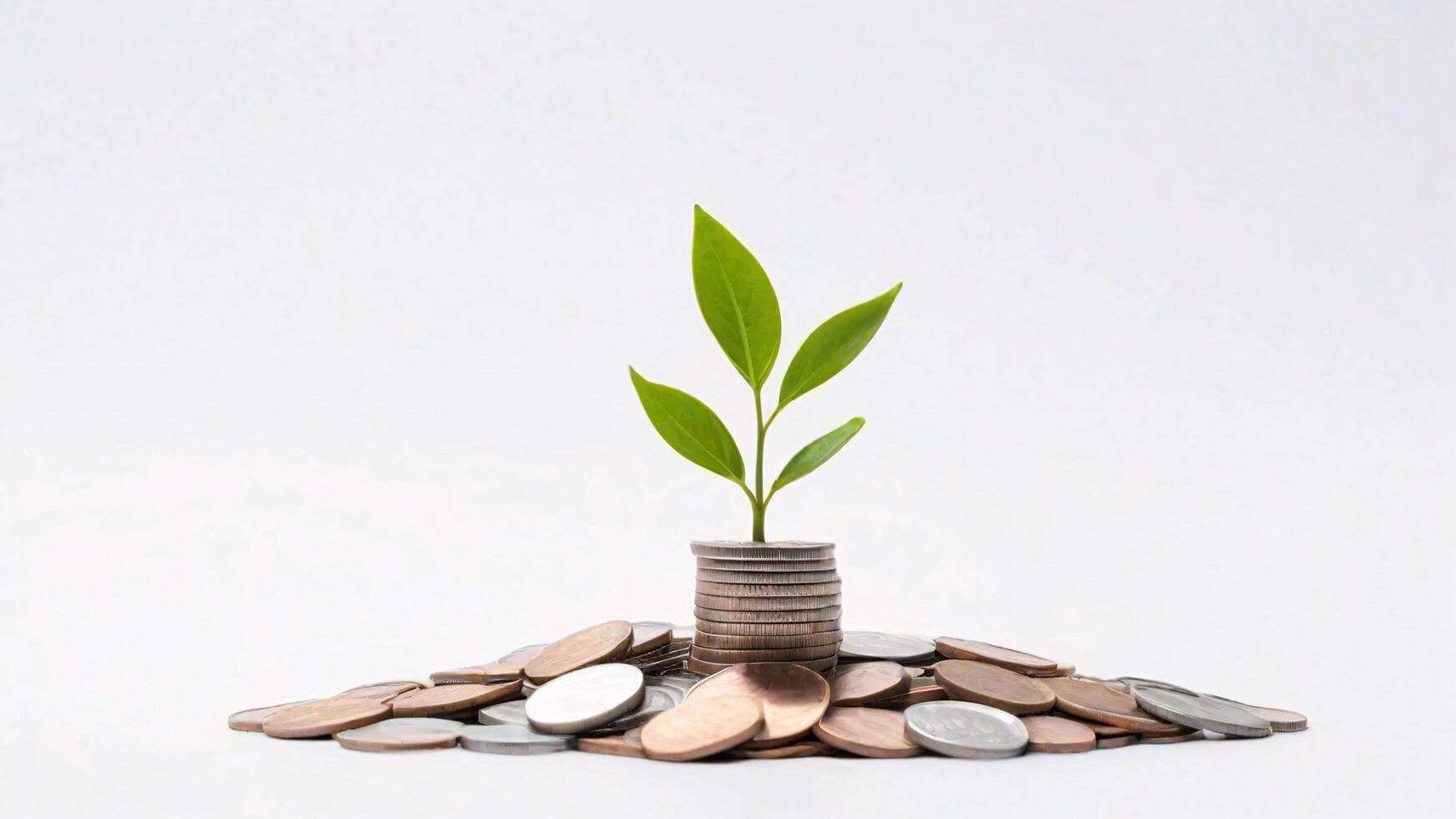 Green plant growing from a stack of coins. photo