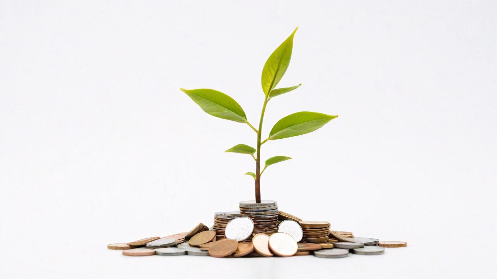 Green plant growing from stack of coins, isolated white background. photo