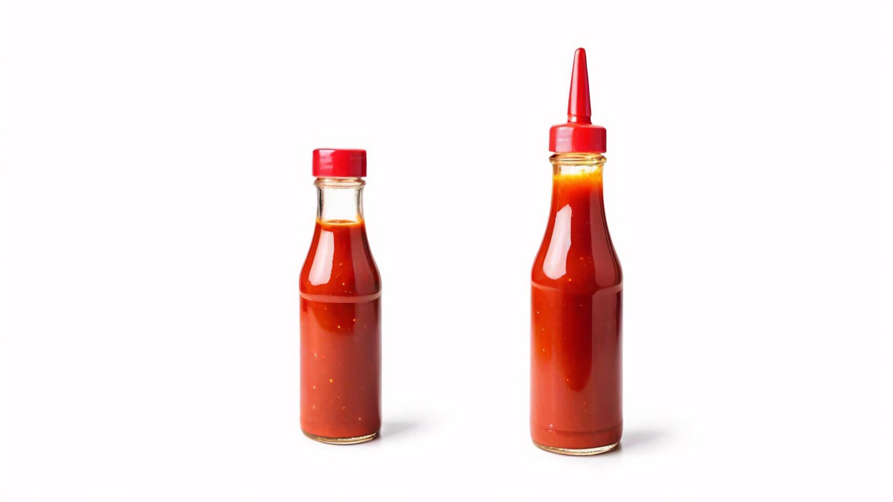 Two glass bottles of red sauce with red caps isolated on white background. photo
