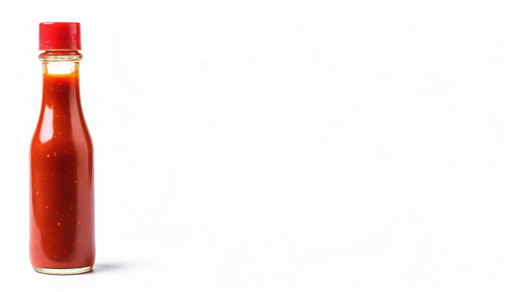 A single glass bottle of hot sauce with a red cap stands on a white background. photo